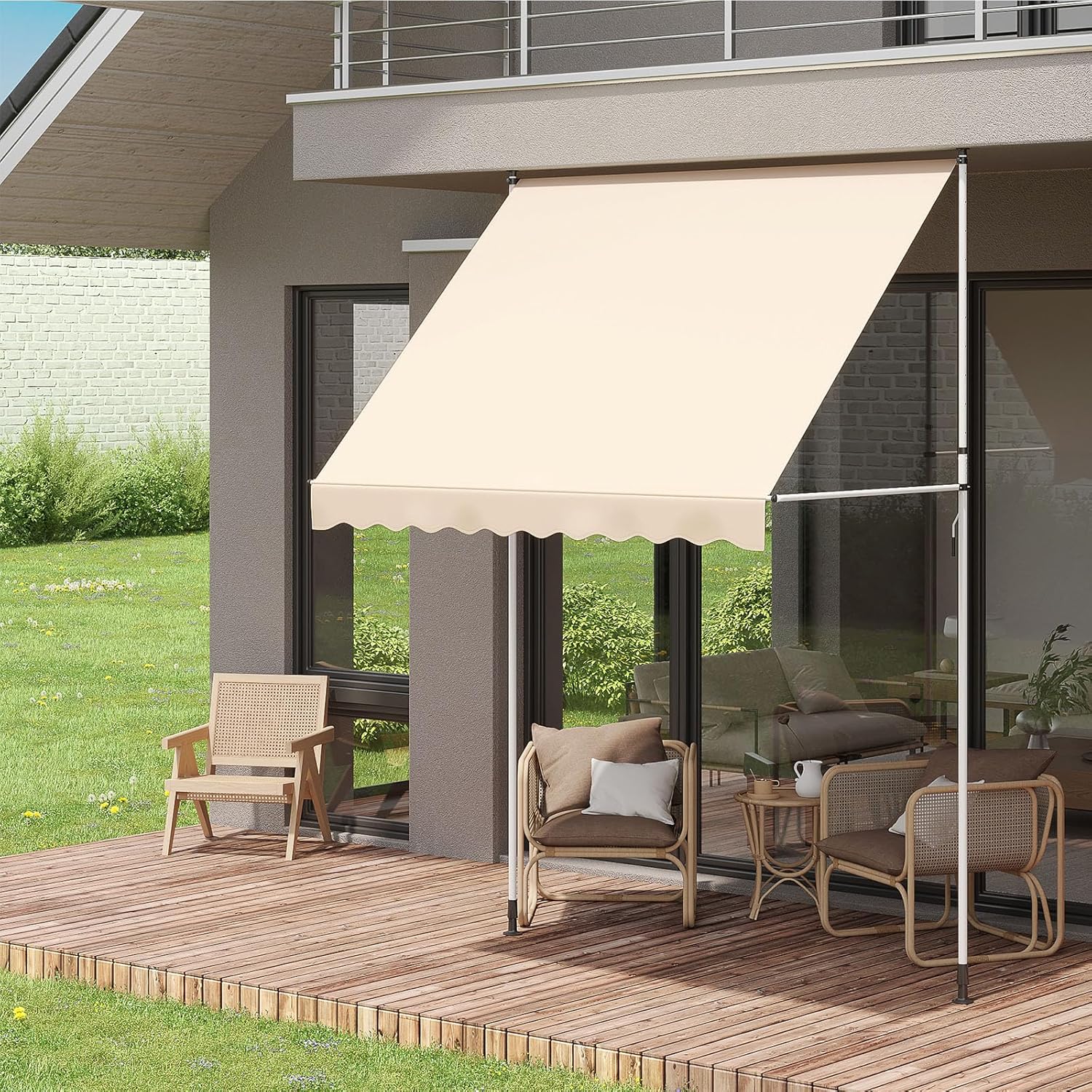 YODOLLA DIY Free Standing Awning, 2x1.8ｍ Garden Awnings For Patio,Manual Patio Clamp Awning, Sun Shade Retractable Awning with Hand Crank, Manual Awning Canopy Anti-UV&Waterproof for Patio, Beige