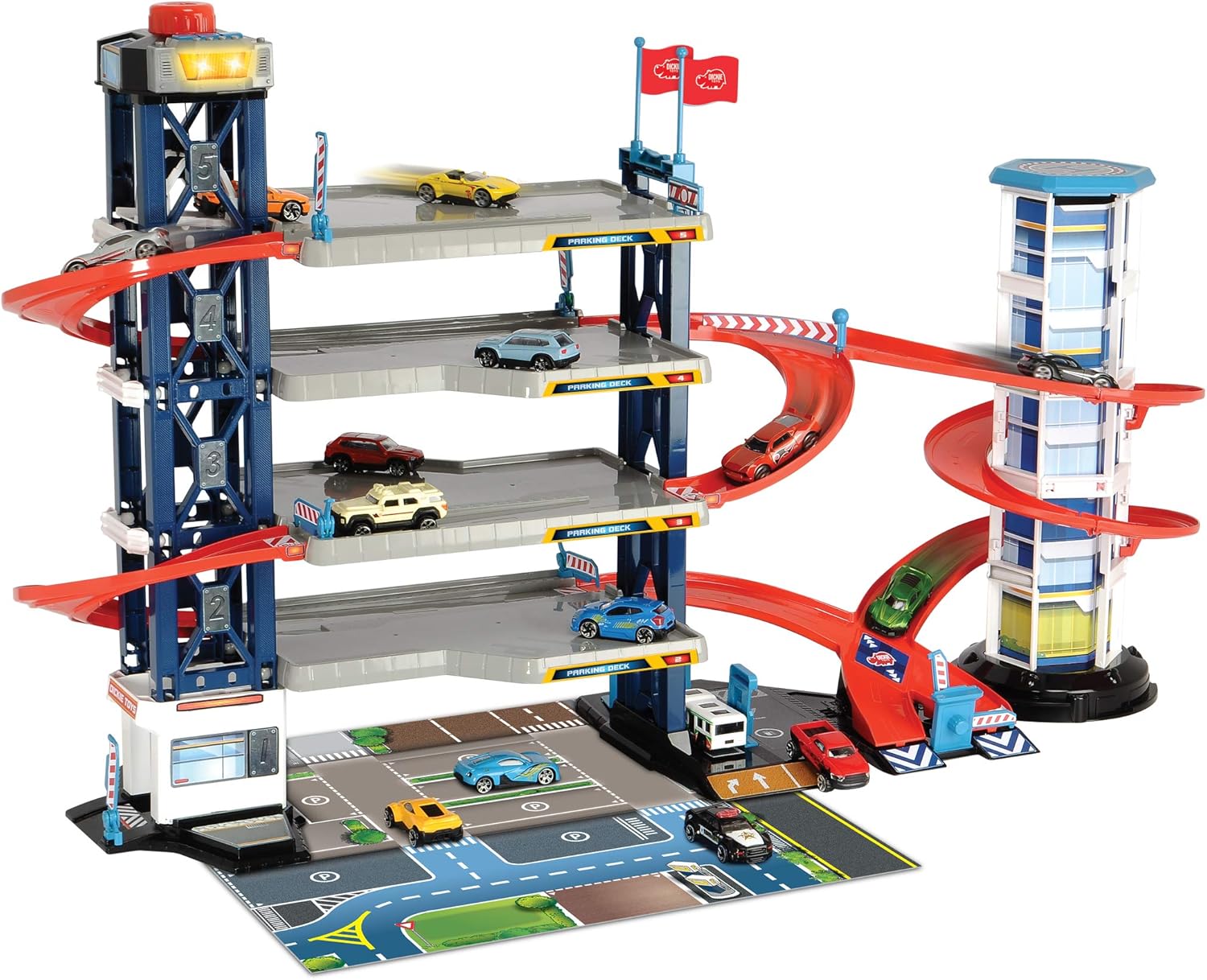DICKIE TOYS: Parking Garage Playset with 4 Die-Cast Cars and Die-Cast Helicopter, Four Roomy Parking Levels, Light and Sound Effects, for Ages 3 and up