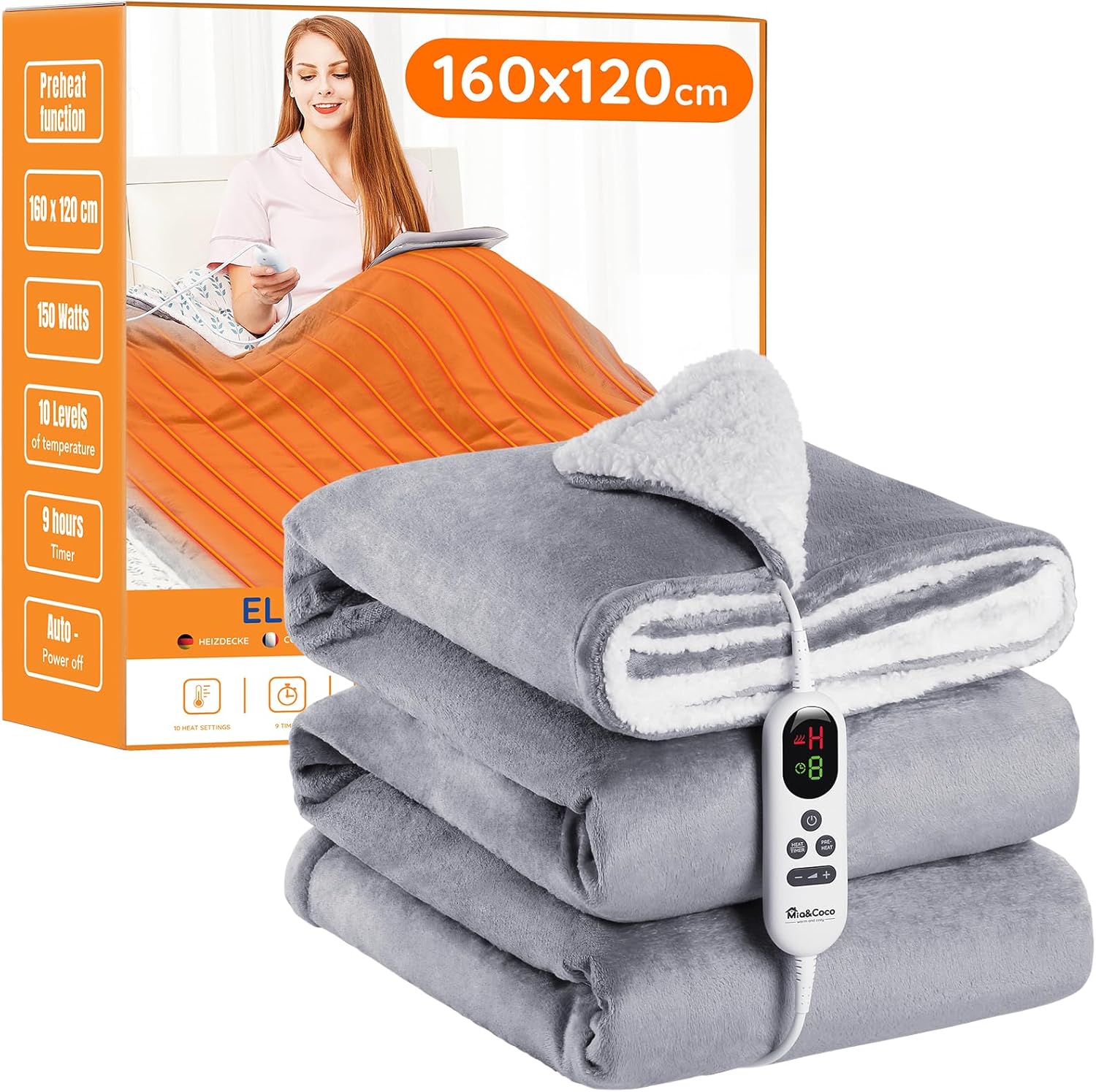 Mia&Coco Electric Heated Blanket Throw Flannel Sherpa Fast Heating 120x160cm, 10 Heat Levels & Up-to-9-Hours Auto-Off Timer & LED Display, for Home Office Use, Machine Washable, ETL Certified, Grey