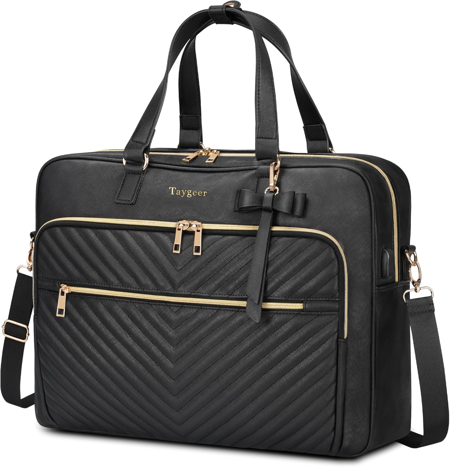 Taygeer 17 Inch Laptop Bag for Women, Large Convertible Quilted Briefcase Backpack with USB Port, Waterproof Leather Work Tote Bags, Professional Shoulder Computer Handbags for Office Business, Black
