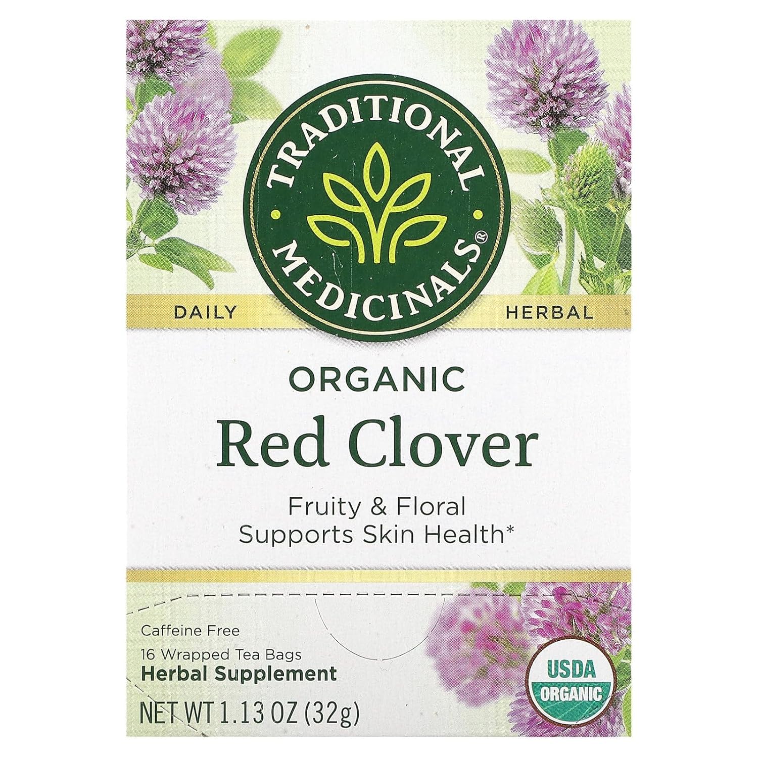 Traditional Medicinals Organic Red Clover, Caffeine Free, 16 Wrapped Tea Bags, 1.13 oz (32 g)