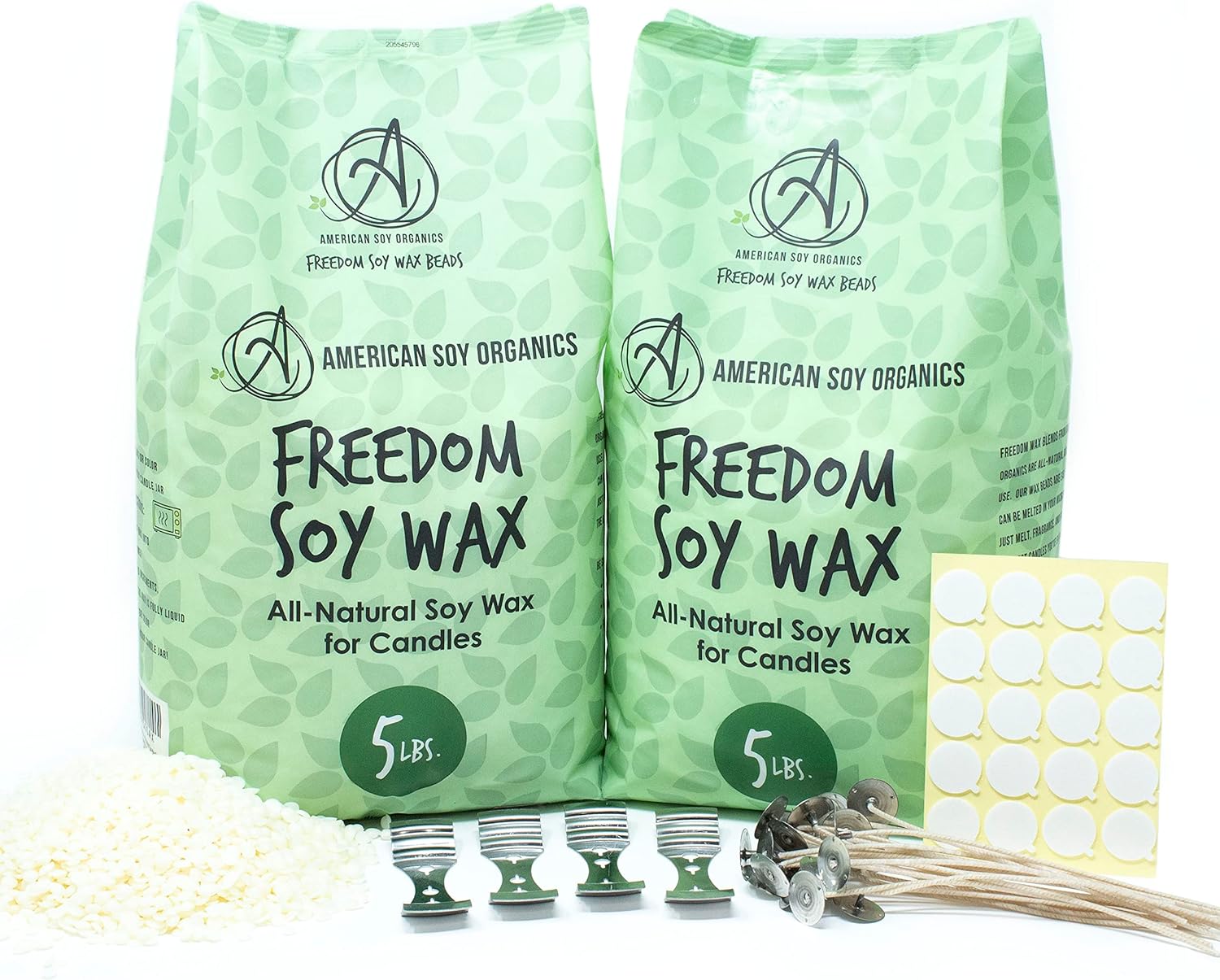 American Soy Organics Microwavable Soy Wax Beads for Candle Making – Premium Soy Candle Kit-10 pounds Freedom Soy Beads-4 Centering Devices- 20 Wick stickers-20 6-inch pre-Waxed Wicks