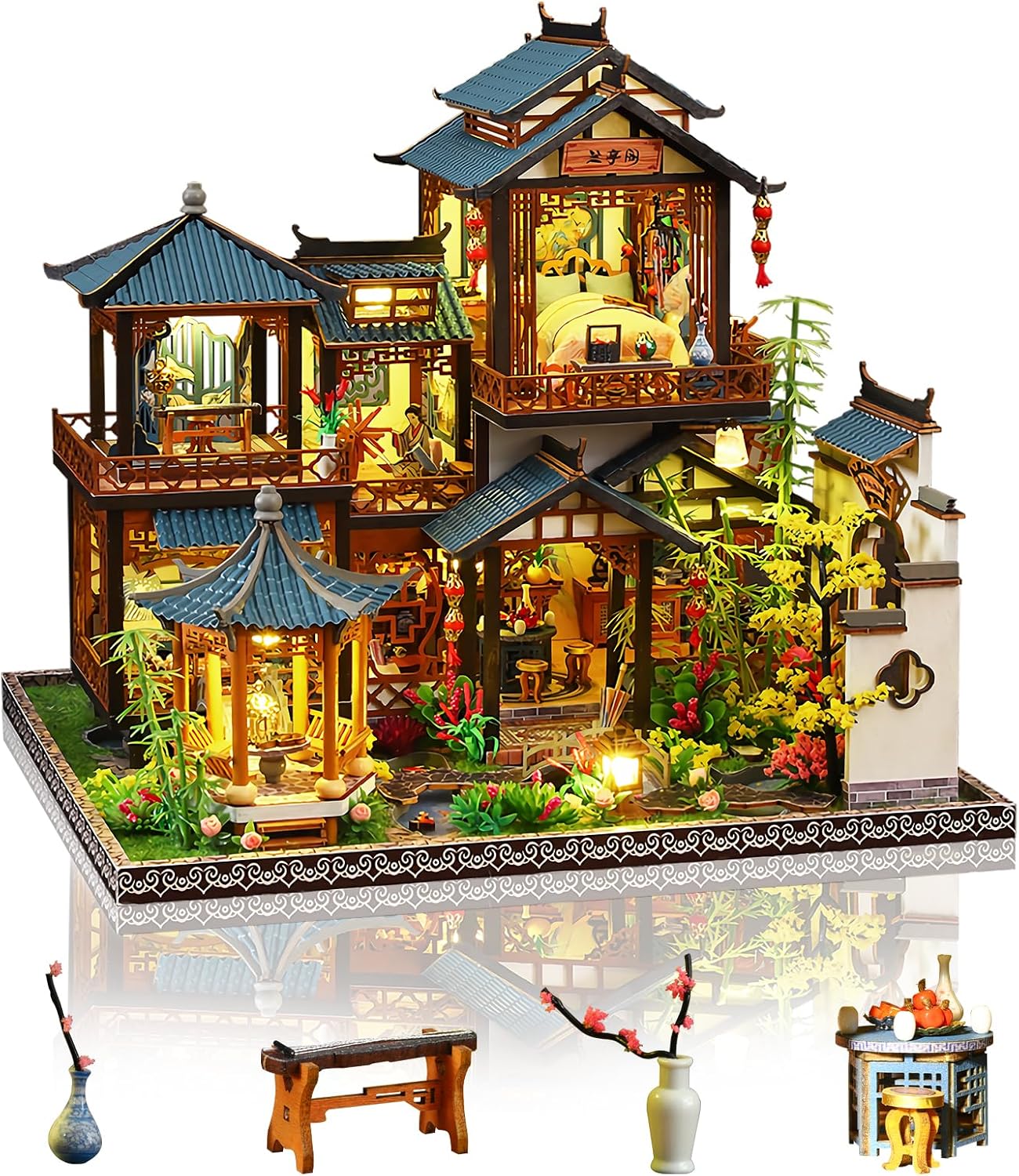Cuteefun DIY Miniature Dollhouse Kit, Wooden Dollhouse Kit with LED Light, Handmade Crafts for Adults Teen to Build, Make Your Own Dream House Model (Flower Yard)