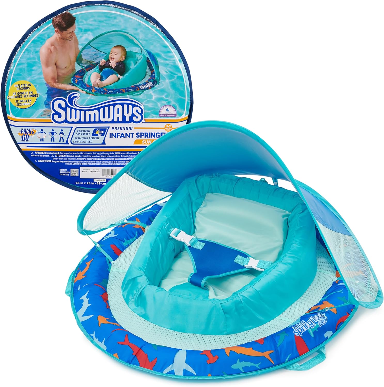 Swimways Infant Spring Float, Baby Pool Float with Canopy & UPF Protection, Swimming Pool Accessories for Kids 3-9 Months, Shark