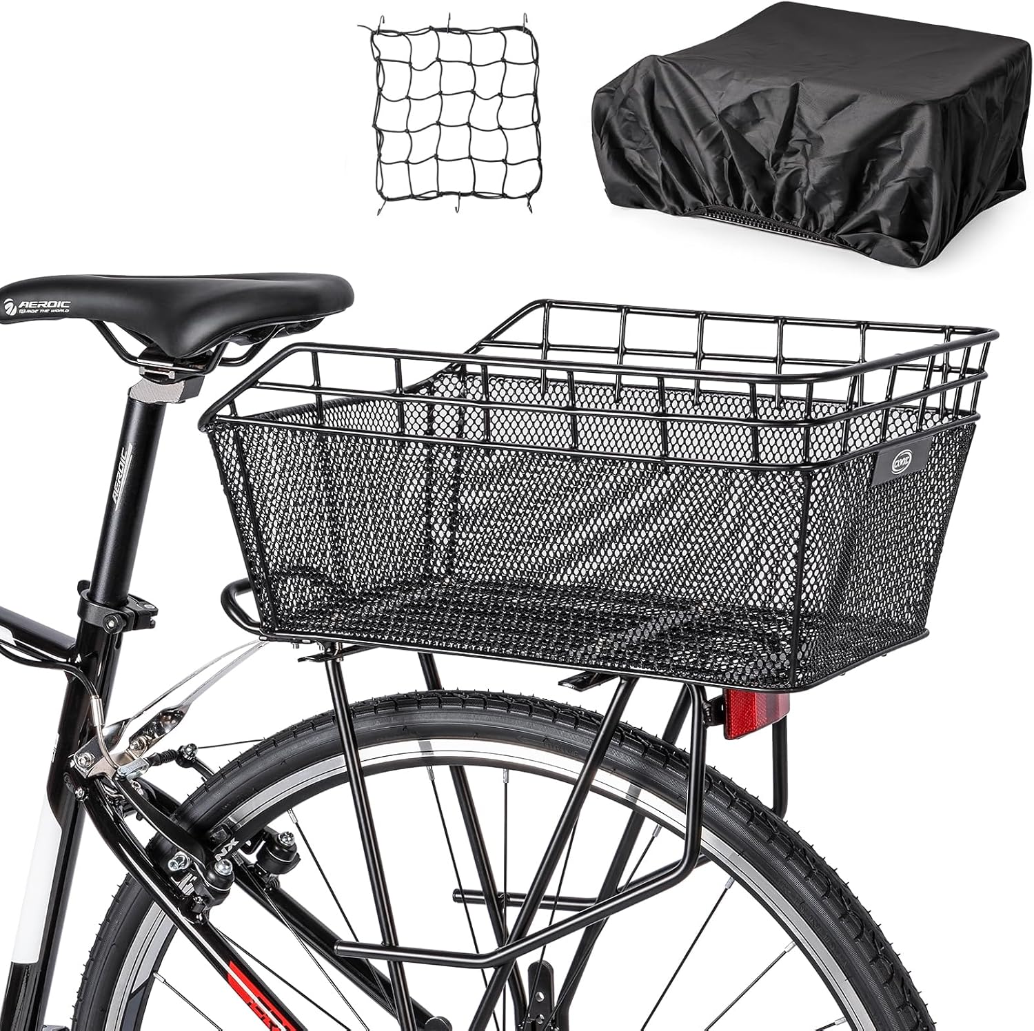 Rear Bike Basket - Large Bicycle Rear Basket with Cargo Net and Waterproof Cover, Wire Bike Baskets Rear Large Capacity (NO Bike Rack Include)