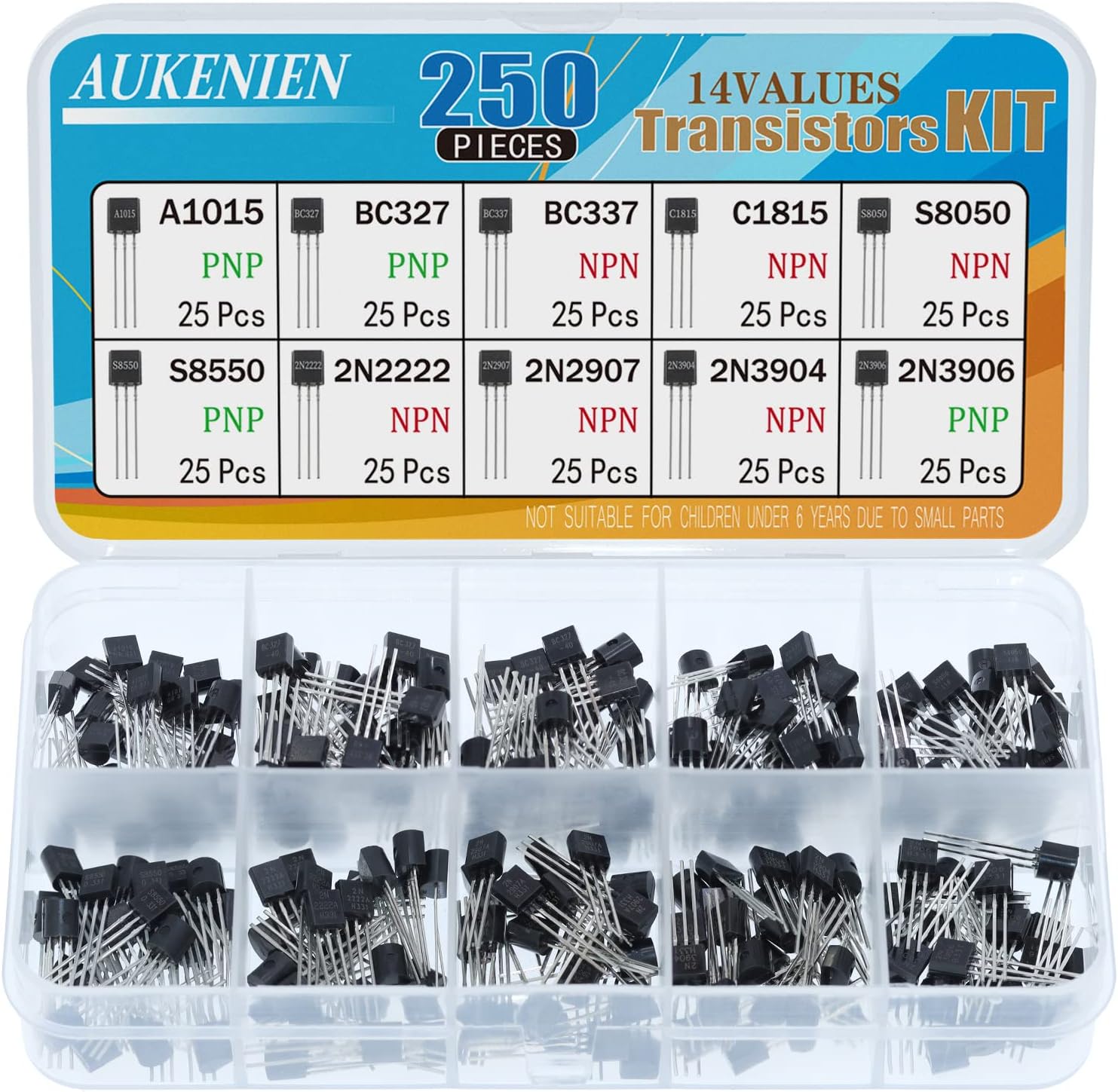 AUKENIEN BJT Transistor Assortment Kit 10 Values 250pcs NPN PNP Power General Transistors 2N2222 2N2907 2N3904 2N3906 A1015 BC327 BC337 C1815 S8050 S8550 TO-92