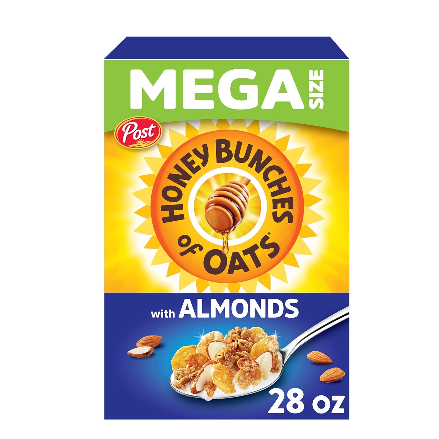 Post Honey Bunches of Oats with Almonds Breakfast Cereal, Honey Cereal with Granola Clusters and Sliced Almonds, Family Size Cereal, 28 OZ Box