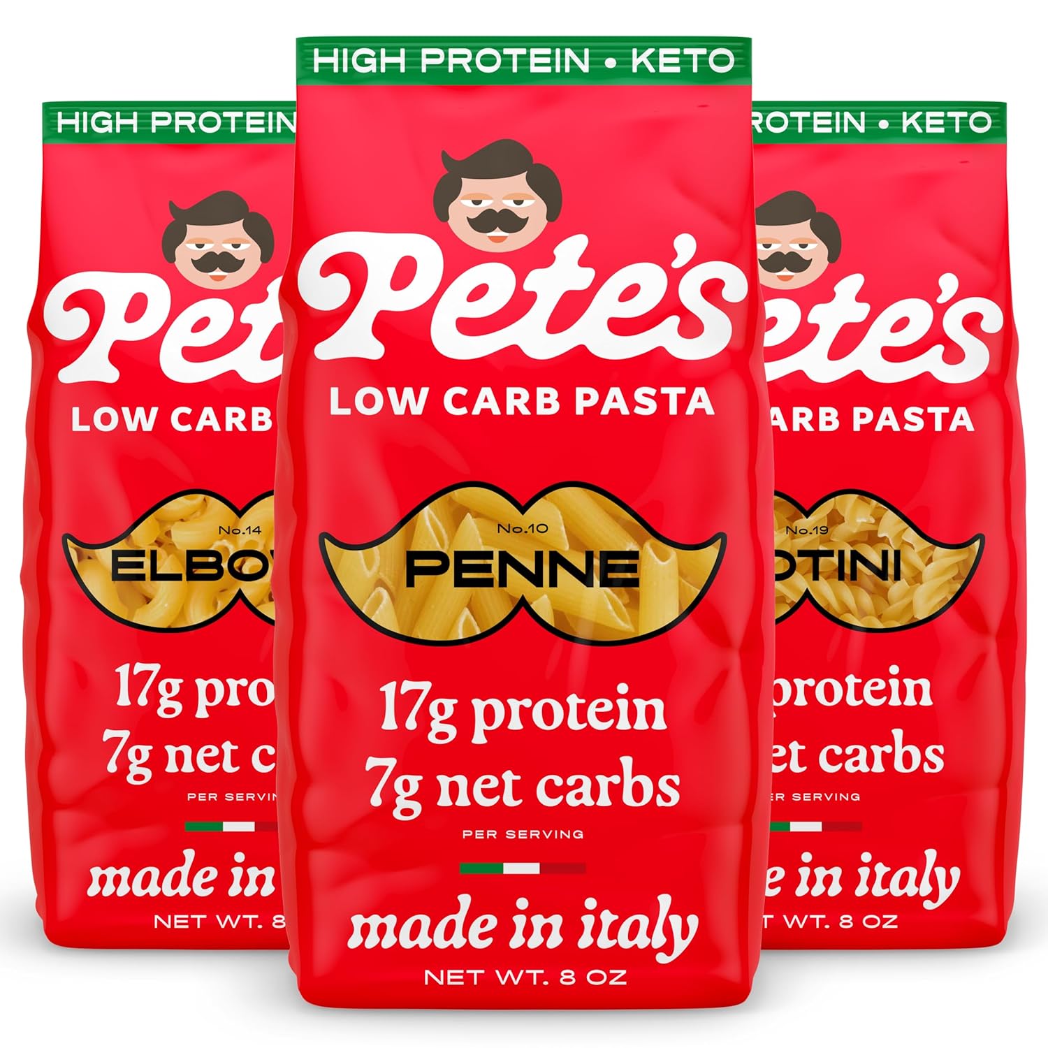 Pete's Pasta Variety Penne, Rotini, Elbow Macaroni | 17g High Protein Pasta | 7g Low Carb Keto Pasta | Healthy, Italian Pasta From Italy | 3-Pack, 8oz