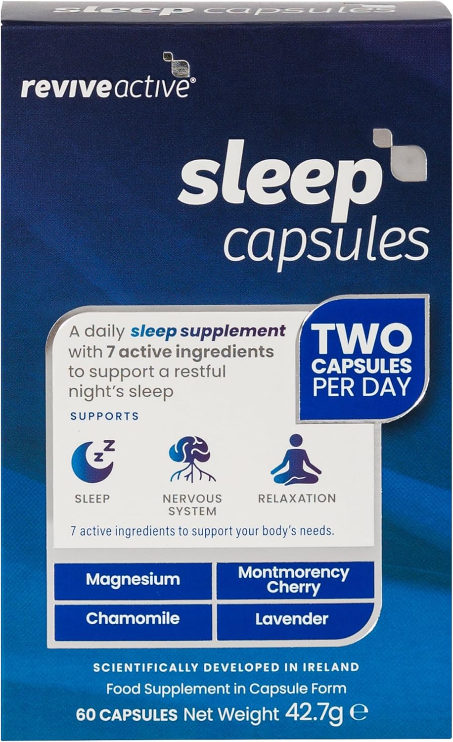 Revive Active Sleep Capsules - Daily Supplement with Magnesium, Montmorency Cherry, Chamomile & Lavender for Relaxation, Nervous System Support & Rest - 7 Active Ingredients - 30 Days Supply