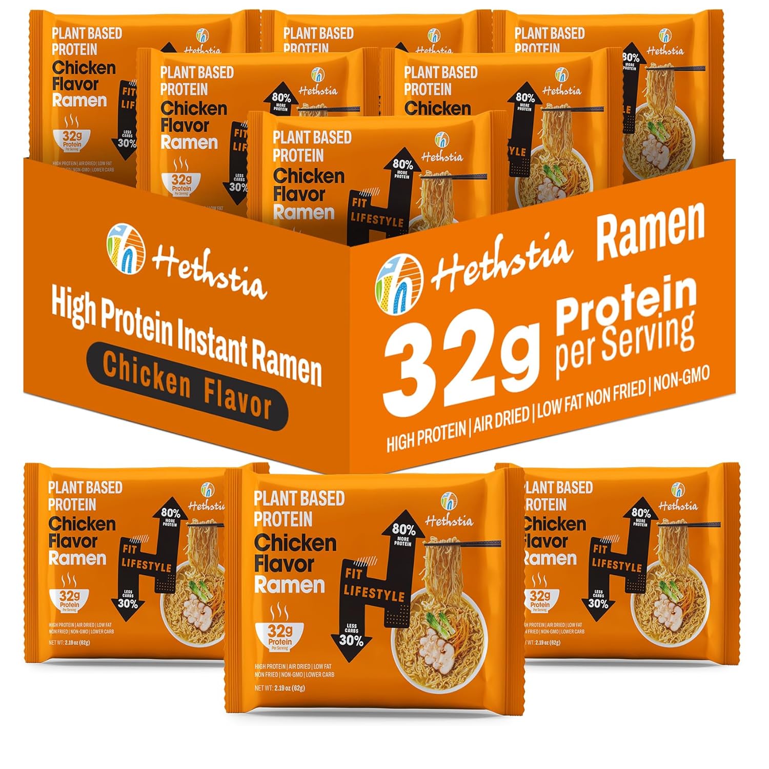 Hethstia High Protein Ramen Soup Chicken Flavor, 6-Pack Instant Ramen Noodles Chicken Broth, 32g Plant-Based Protein, Vegan, Non-GMO, Low Fat, Egg-Free, Dairy-Free, Pre-Packaged Quick Meal