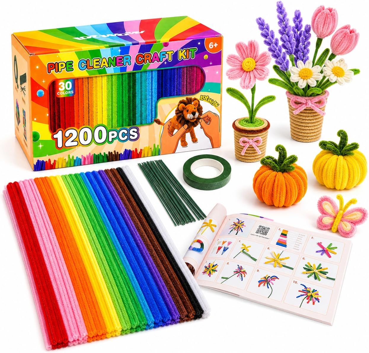 LOTWOW 1200PCS Pipe Cleaners Bulk, 30 Colors Thick Pipe Cleaner Flower Kit | 8mm Pipe Cleaner Kit with 18 DIY Projects & Video Guides, Kids-friendly Chenille Stems Art Craft Supplies for Decorations