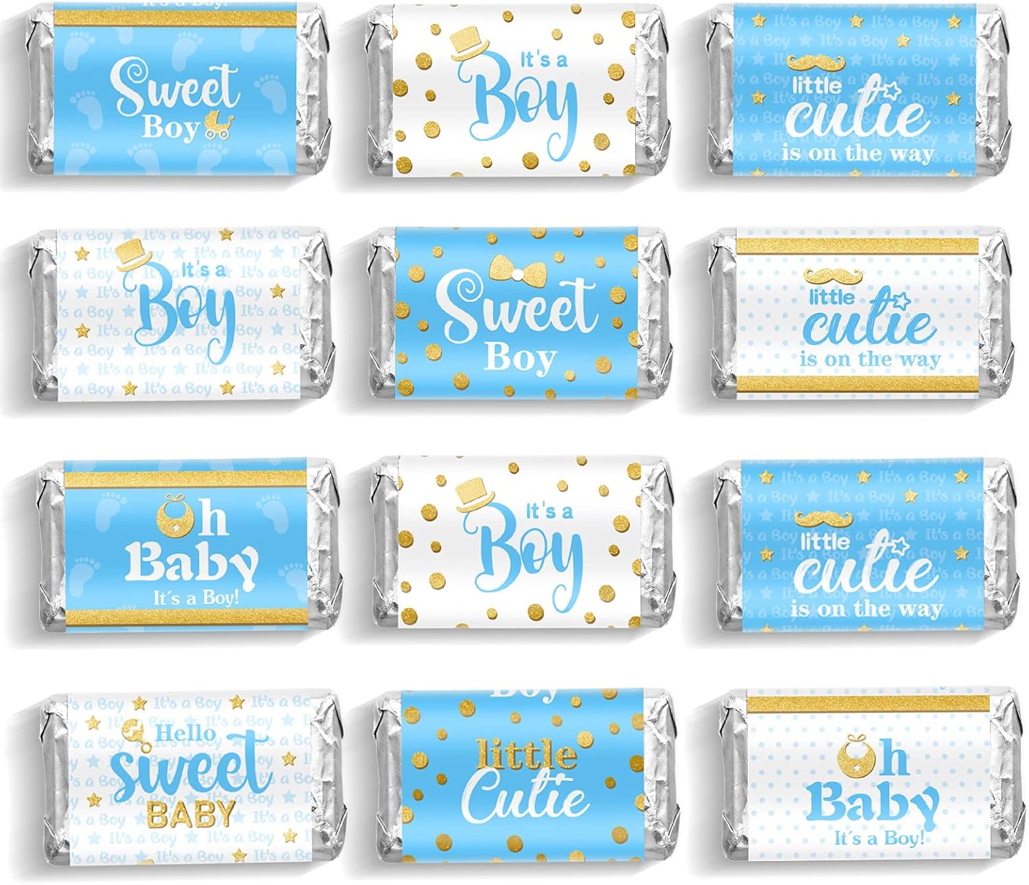 Baby Shower Candy Wrappers, Shower Mini Candy Bar Miniatures Wrappers Chocolate Bar Label Stickers for Boys Girls Kids Baby Shower Decor (No Candy)(Blue Boy Style, 90 Pieces)