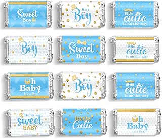 Baby Shower Candy Wrappers, Shower Mini Candy Bar Miniatures Wrappers Chocolate Bar Label Stickers for Boys Girls Kids Baby Shower Decor (No Candy)(Blue Boy Style, 90 Pieces)