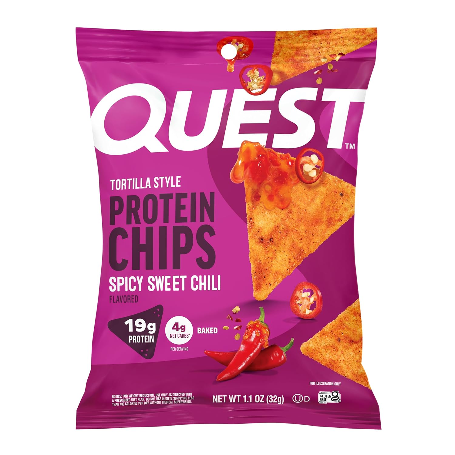 Quest Nutrition Spicy Sweet Chili Tortilla Chip, 19g Protein, 4g Net Carb, High Protein Low Carb, Gluten Free, 1.1 oz (Pack of 12)