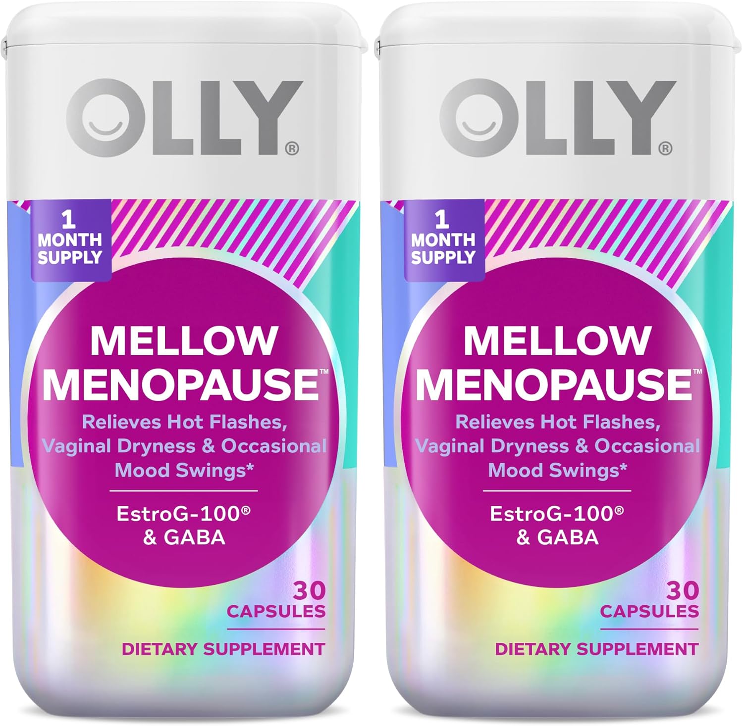 OLLY Mellow Menopause Supplements for Women, Supports Hot Flashes, Vaginal Dryness & Occasional Mood Swings,* Estro-G100®, GABA, Vegan Capsules, 2 Month Supply - 60 Count