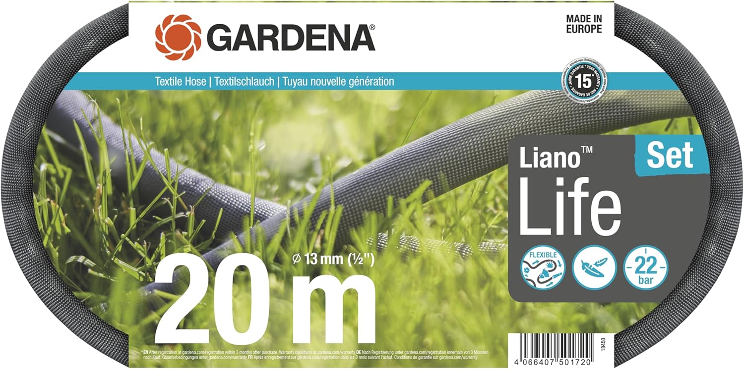 Gardena Liano Life Textile Hose 1/2 inch, 20m: Highly flexible textile garden hose, with PVC inner tube, no kinking, lightweight, weather-resistant (18450-20)