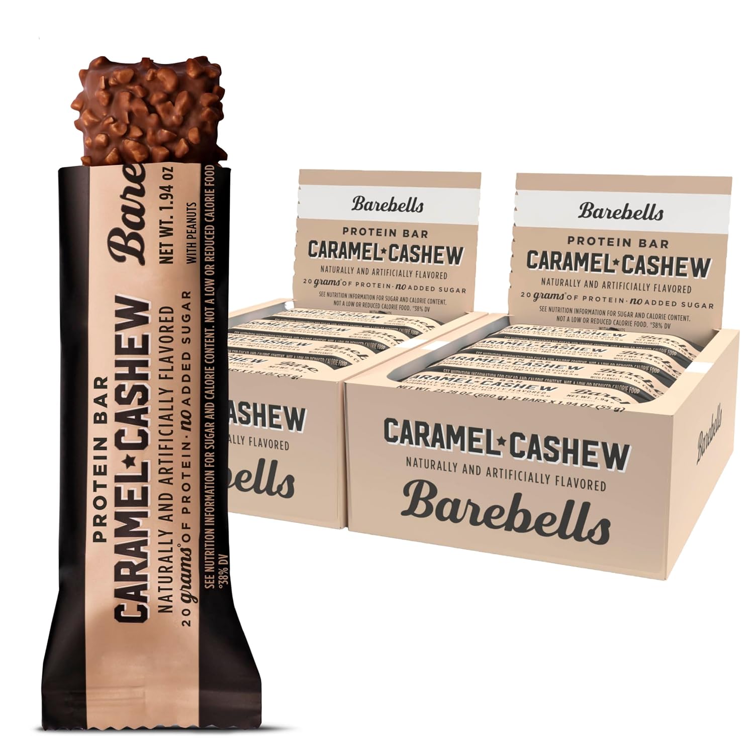 Barebells Protein Bars Caramel Cashew - 12 Count, Pack of 2 - Protein Snacks with 20g of High Protein - Chocolate Protein Bar with 1g of Total Sugars - Perfect on The Go Protein Snack & Breakfast Bar