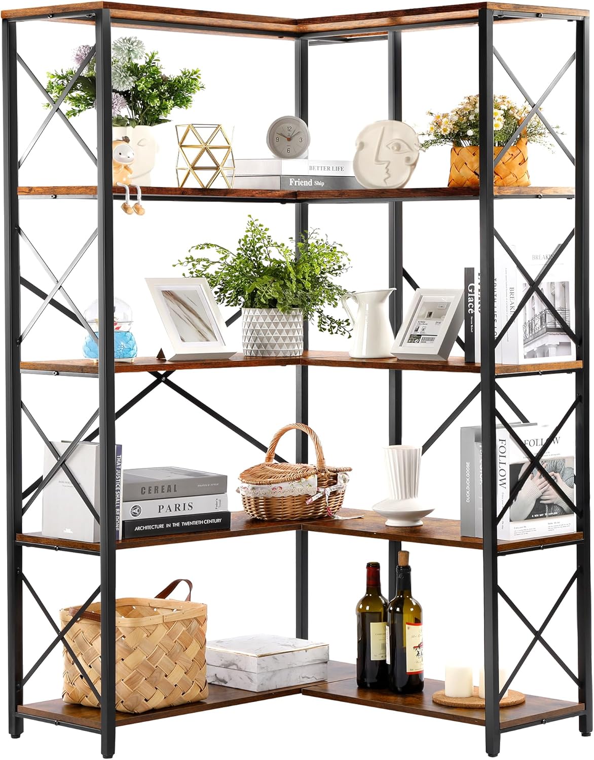 Rengue Bookshelf 5 Tier Corner Shelf, Large Modern Industrial Bookcase L Shaped Storage Display Rack with Heavy Duty Metal Frame for Home Office, Living Room, Bed Room