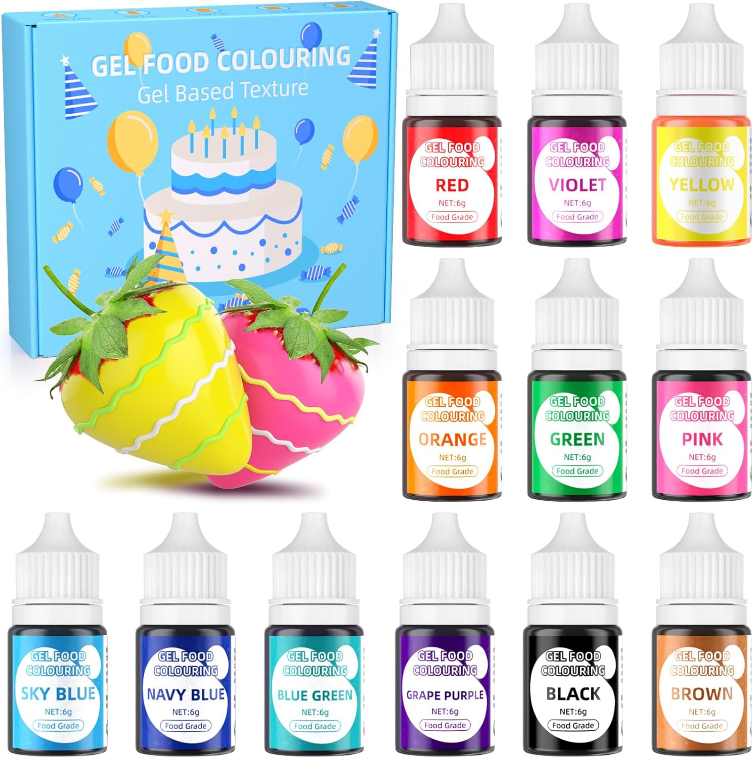 Food Colouring Gel - 12 Colours x 6g Food Colouring Set, Food Grade Food Dye, Concentrated Tasteless Cake Icing Colouring for Cake Decorations, Baking, Fondant, Frosting, Easter Eggs and DIY Crafts