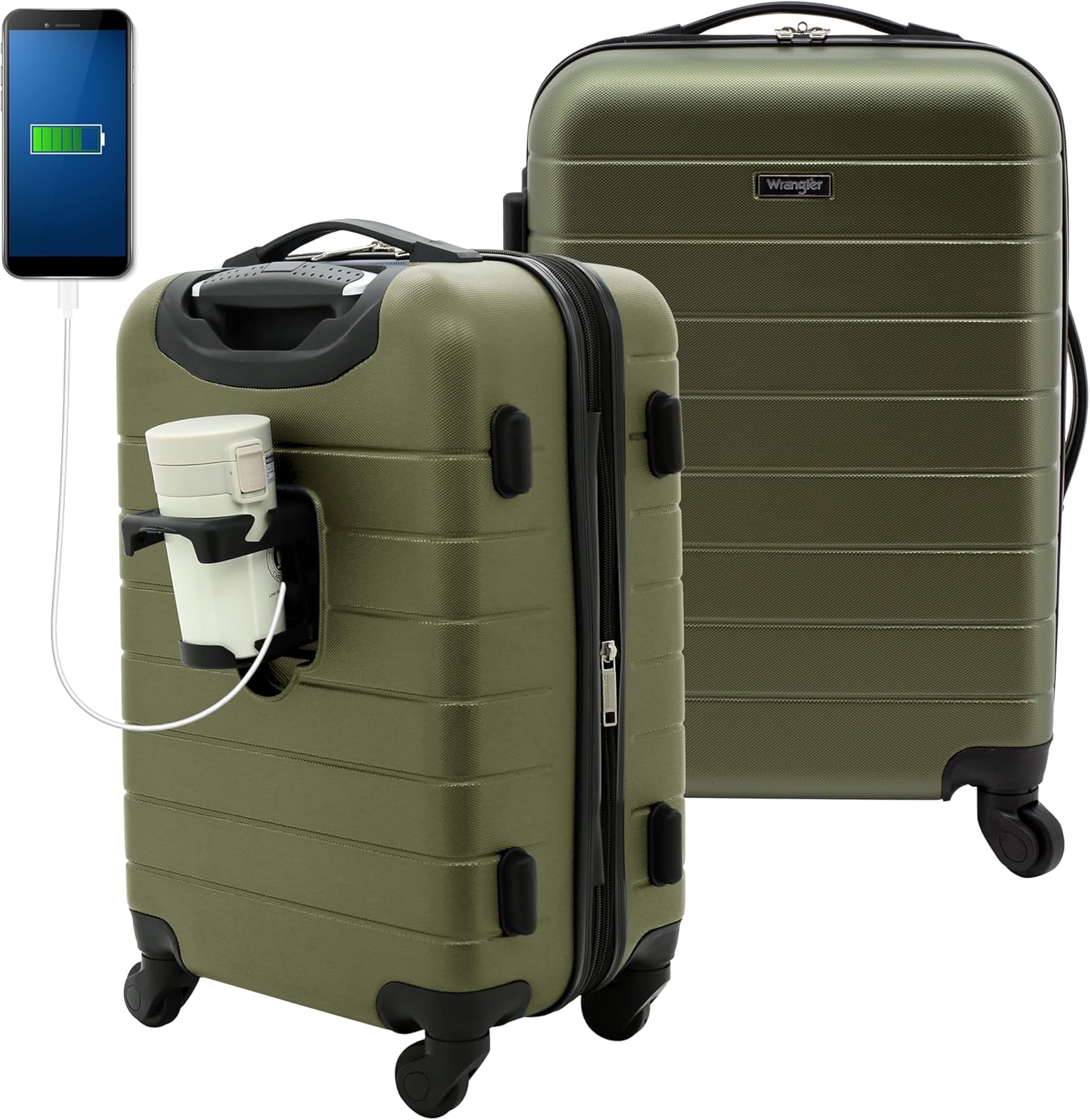 Wrangler Smart Luggage Set with Cup Holder and USB Port, Olive Green, 20-Inch Carry-On