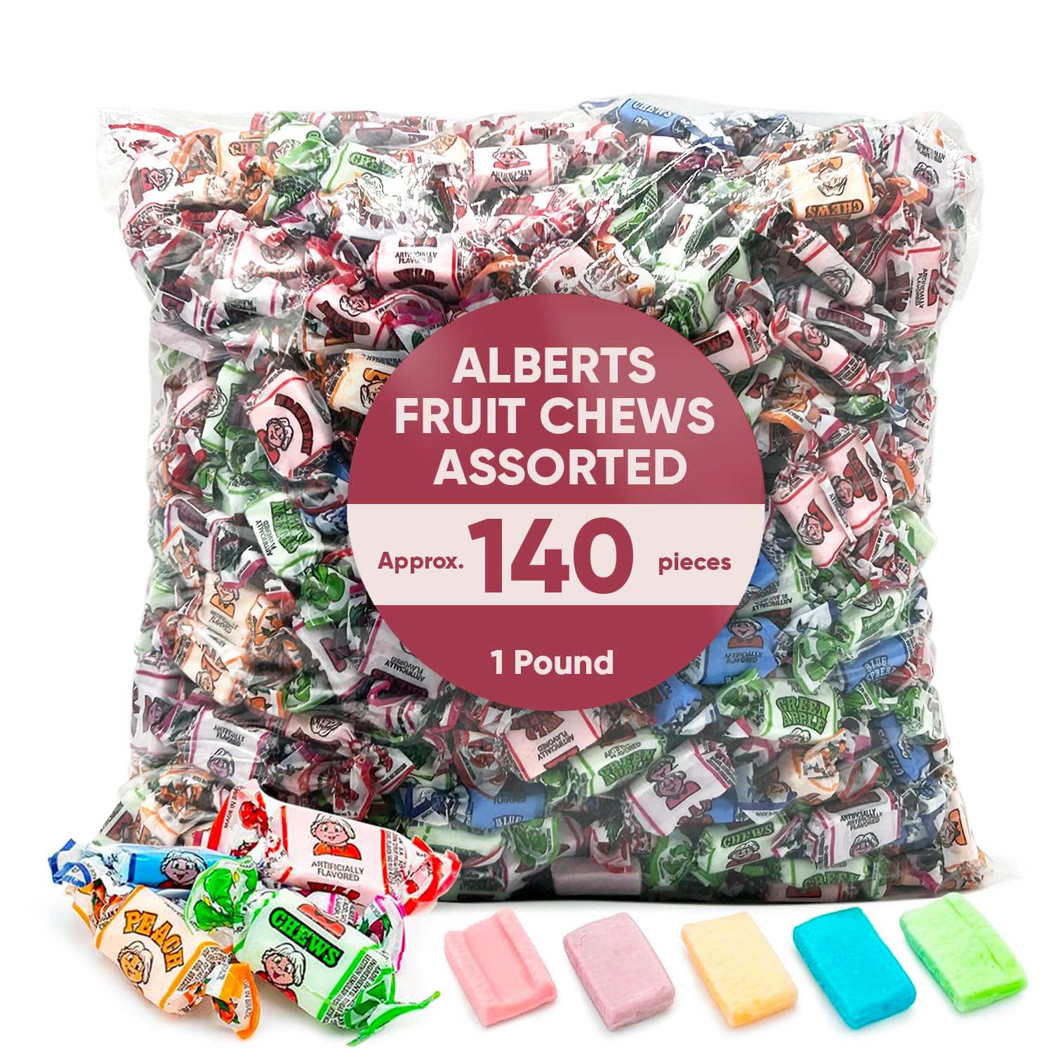 Alberts Fruit Chews Assorted - 1 Pound Approx 140 pieces Bulk Candy, Individually Wrapped Chewy Candy, Assorted Flavors Green Apple, Blue Raspberry, Peach, Grape & Strawberry