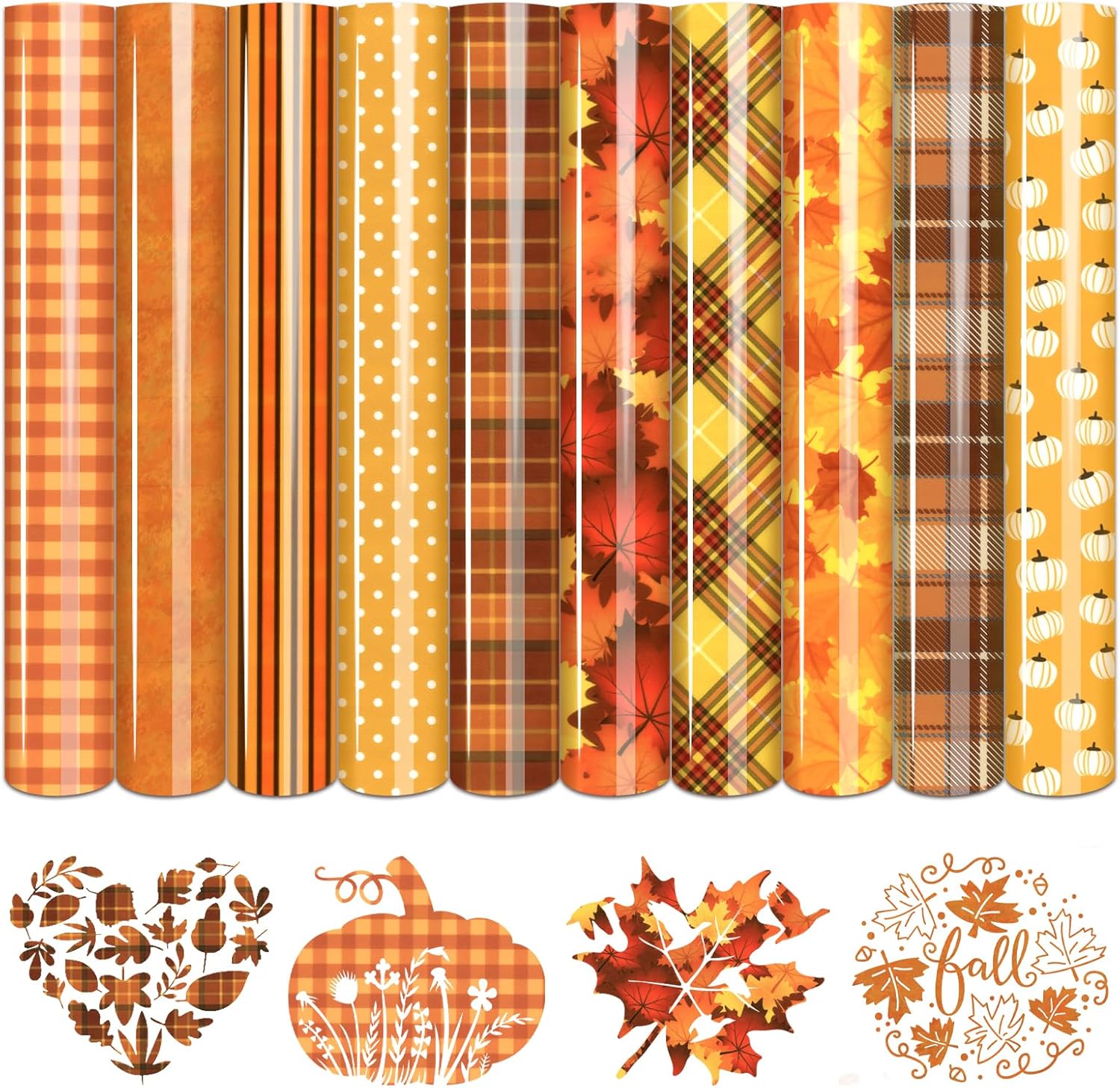 Tintnut Fall Heat Transfer Vinyl - 10 Sheets 12 X 10inches HTV Orange Autumn Leaves Buffalo Plaid Thanksgiving Iron On Vinyl for T-Shirts DIY Compatible with Cricut or Silhoutte Cameo
