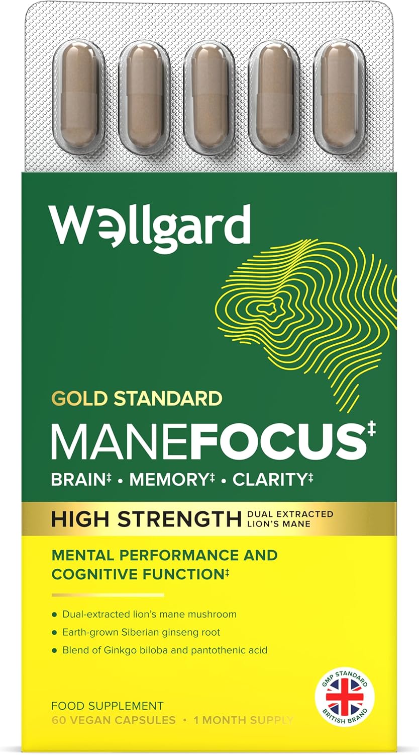 Wellgard Manefocus – High Absorption Lions Mane Supplement for Mental Performance, Brain Health, Memory, Clarity, 60 Capsules