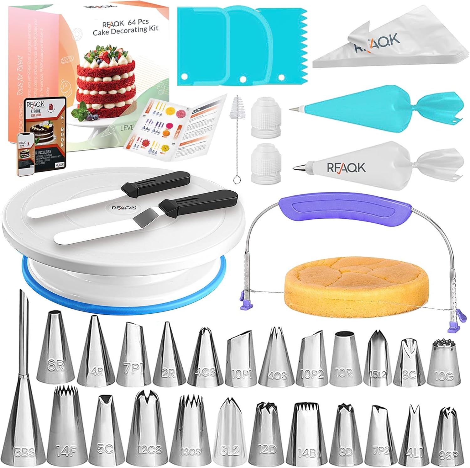 RFAQK 64 PCs Cake Decorating Kit for Beginners Includes Video Course, Booklet + Baking Supplies Gift - Cake Stand, Leveler, 24 Numbered Piping Tips, Straight & Offset Spatula, & Scraper sets
