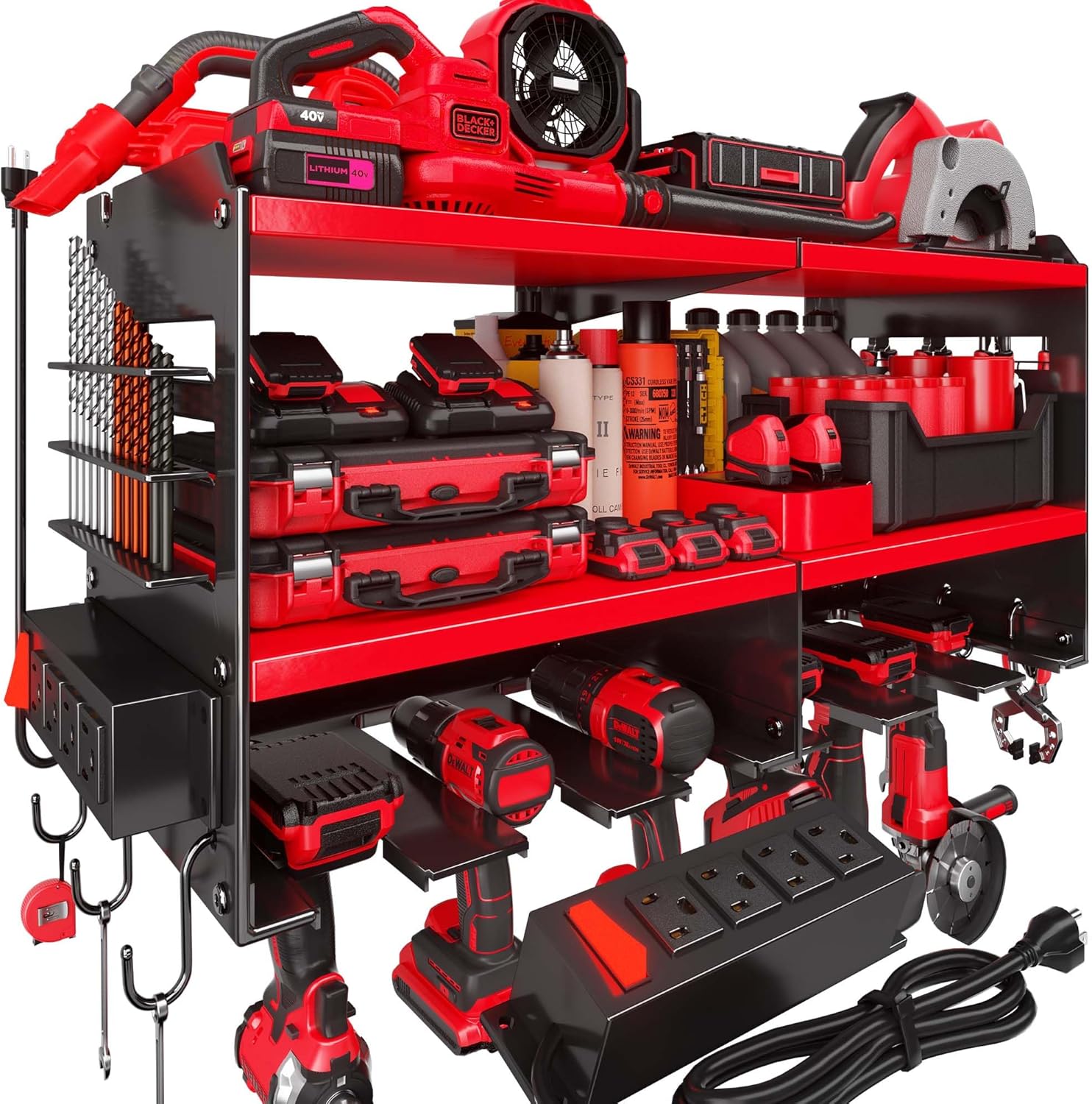 Power Tool Organizer with Charging Station, 6 Drill Holders Wall Mount, Heavy Duty Metal Premium Garage Tool Shelf, Gift for Man Cordless Tool Storage Rack with 4 Outlet Power Strip - Red