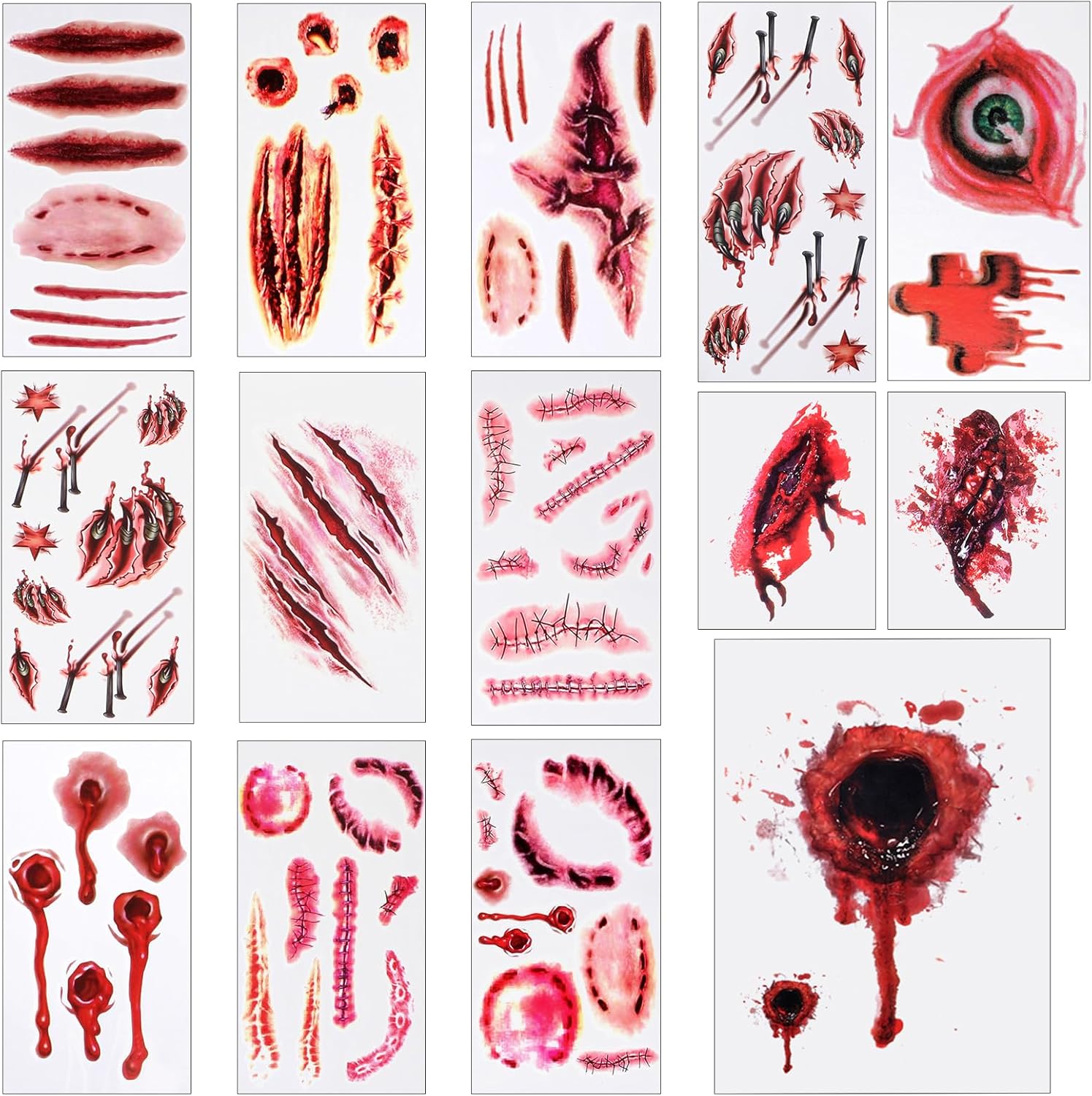 14Sheets Halloween Tattoo Stickers, Scar Temporary Bloody Wound Sticker, Waterproof Zombie Makeovers for Vampire Cosplay Masquerade Prank Makeup Decorations