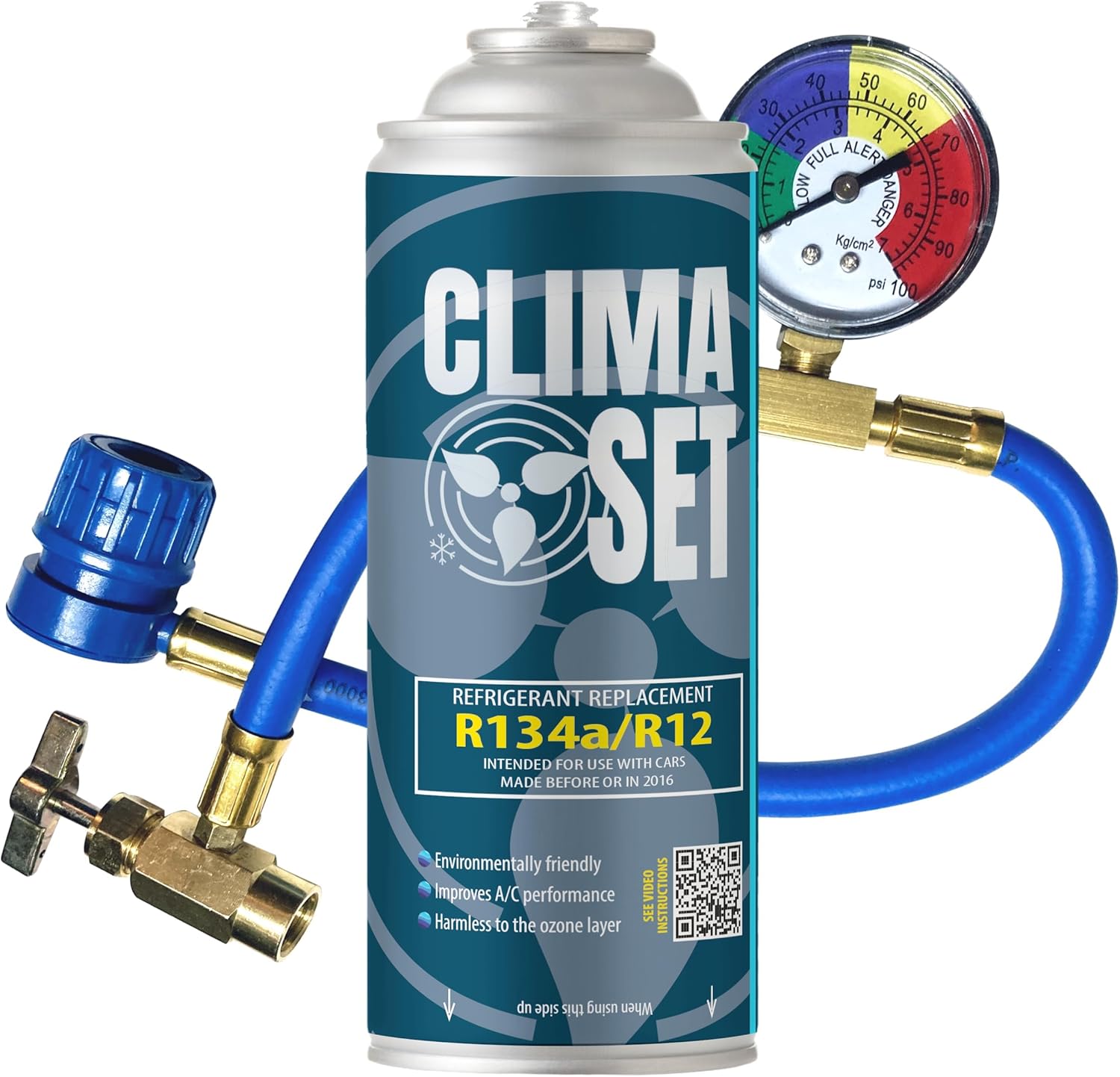 ClimaSet Replacement R134a Gas for Car Air Conditioning with Hose – Nature-Conscious – Non-Toxic – Corrosion-Resistant – Easy to Use on Your Own – 465 g
