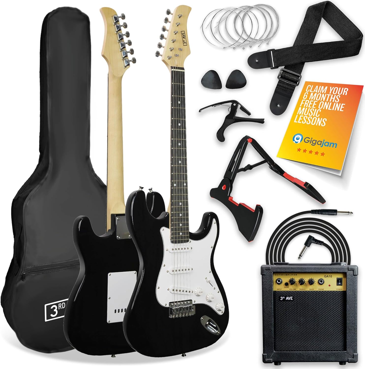 3rd Avenue XF Full Size 4/4 Electric Guitar Ultimate Kit with 10W Amp, Cable, Stand, Gig Bag, Strap, Spare Strings, Picks, Capo – Black