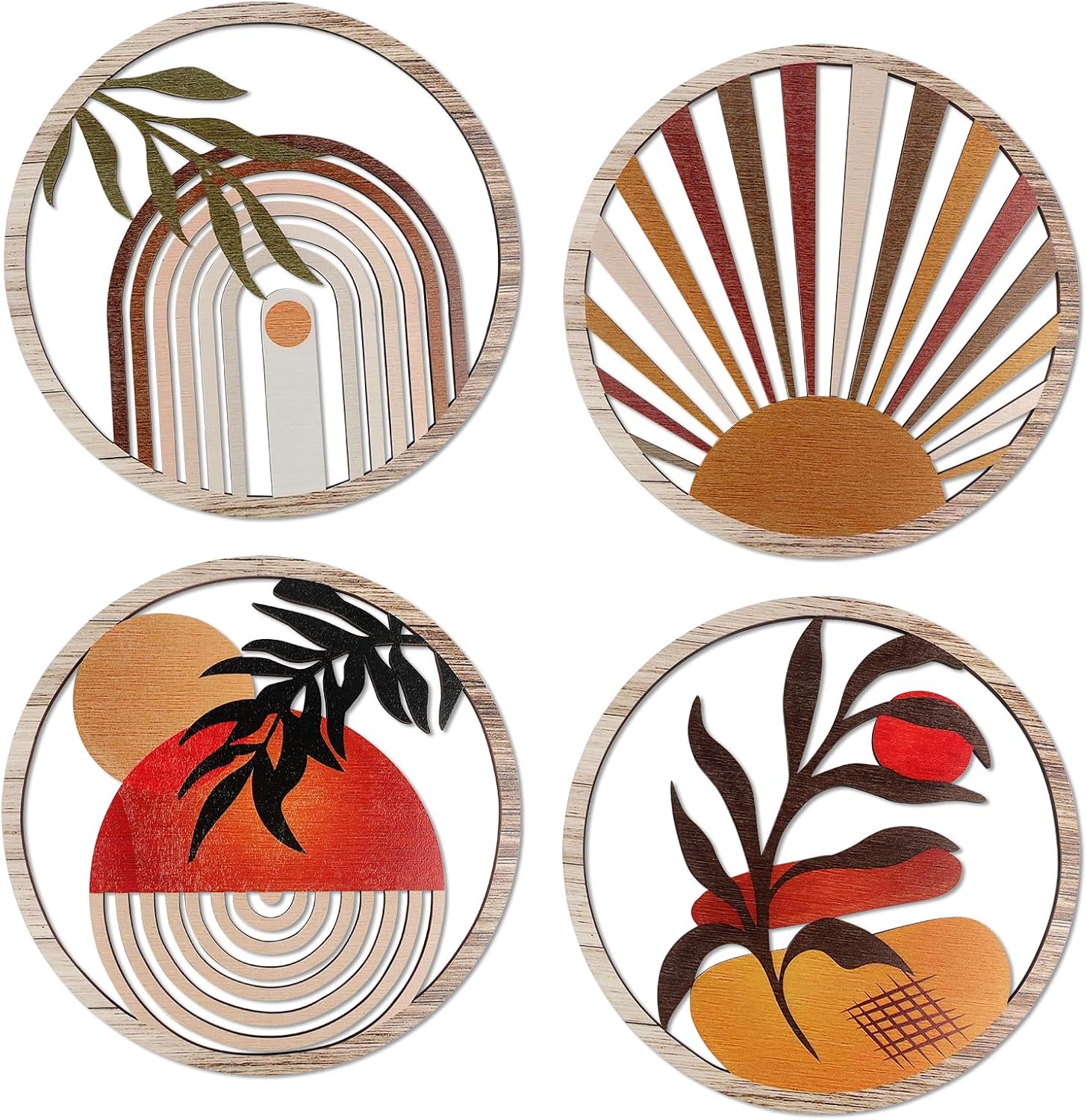 YiYa 4 Pieces Boho Wooden Wall Art Deco Bohemian Botanical Hanging Wooden Sign Minimalist Hanging Art Wall Decor for Farmhouse Bedroom Living Room Office (Round)