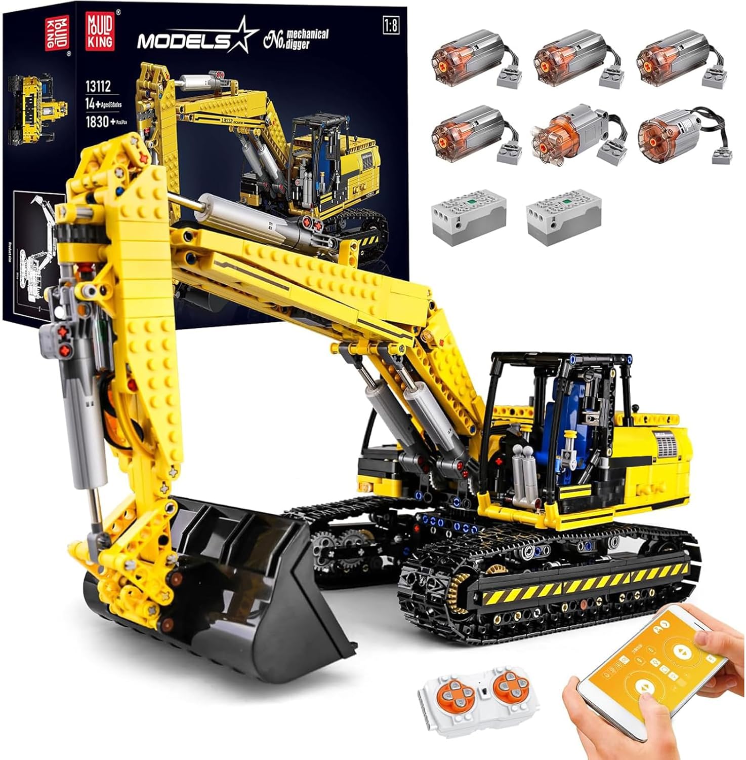 Mould King 13112 Technology Remote Controlled Excavator Kit, 1830 Clamping Blocks App 4CH Caterpillar Excavator Engineering Vehicle Model with Motors and Remote Control