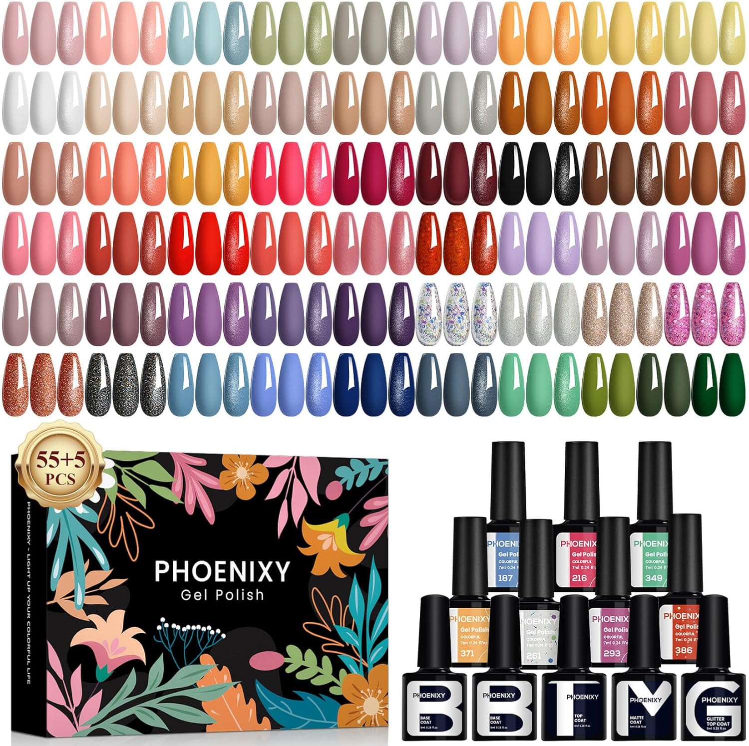 Phoenixy Gel Nail Polish Set - 60pcs Gel Nail Polish 55 Colours 7ml Nails Polishes with Base Coat Top Matte Glitter Coat Nail Varnish Sets Manicure Set Gift for Women