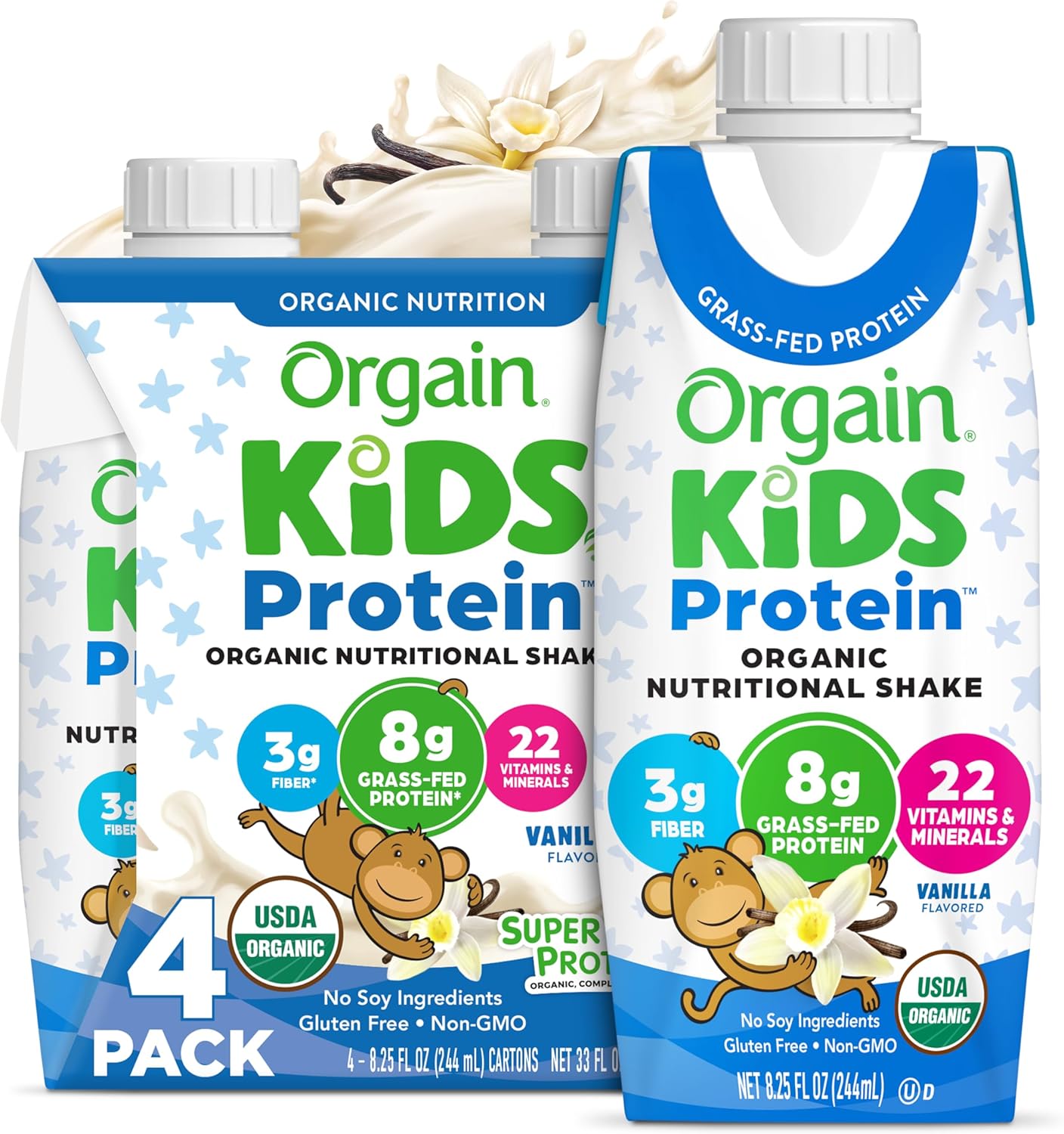 Orgain Organic Kids Protein Nutritional Shake, Vanilla - 8g of Protein, 22 Vitamins & Minerals, Fruits & Vegetables, Gluten Free, Soy Free, Non-GMO, 8.25 Fl Oz (Pack of 4)
