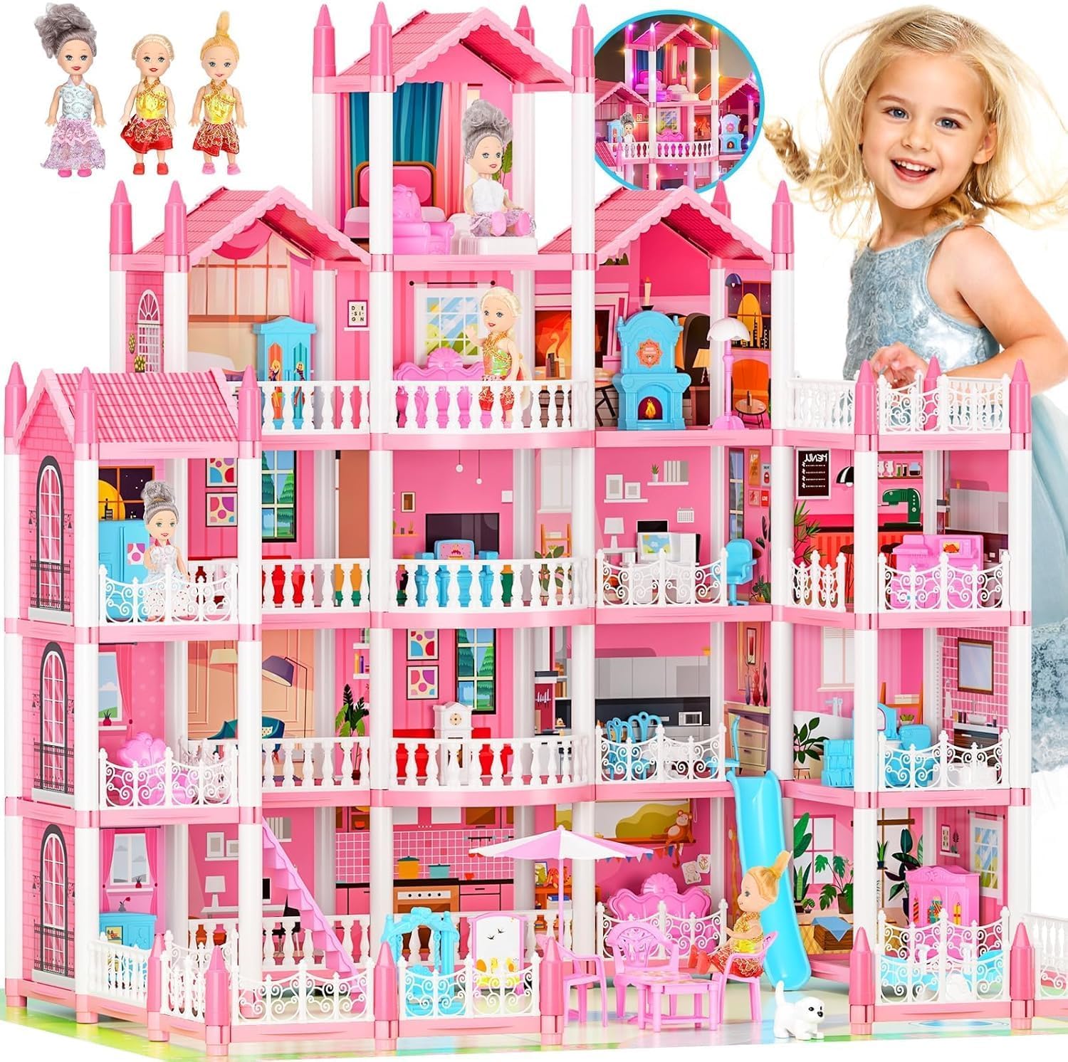 5-Story Dream Doll House for Girls with 19 Rooms, Lights, Dolls, and Furniture - Large DIY Playhouse for Kids Ages 3-16 - Perfect Imaginative STEM Gift for Birthdays & Holidays & Christmas