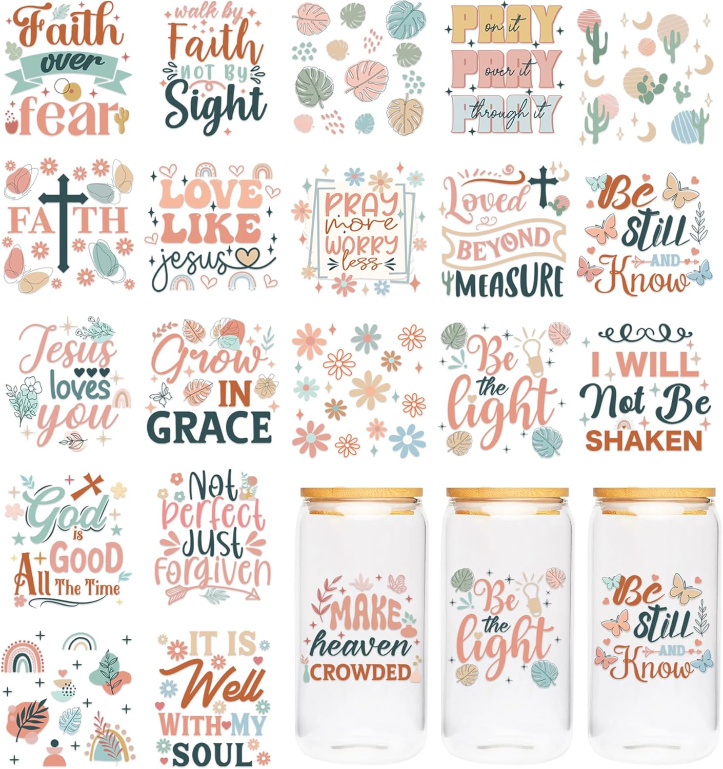 CRASHOT UV DTF Cup Sticker - Boho Bible Verse UV DTF Transfer Sticker for Mug, Water Bottle, Leaf, Daisy, Butterfly Design, DIY Gift for Notebook, Laptop, Car, Waterproof Rub on Transfer Decal
