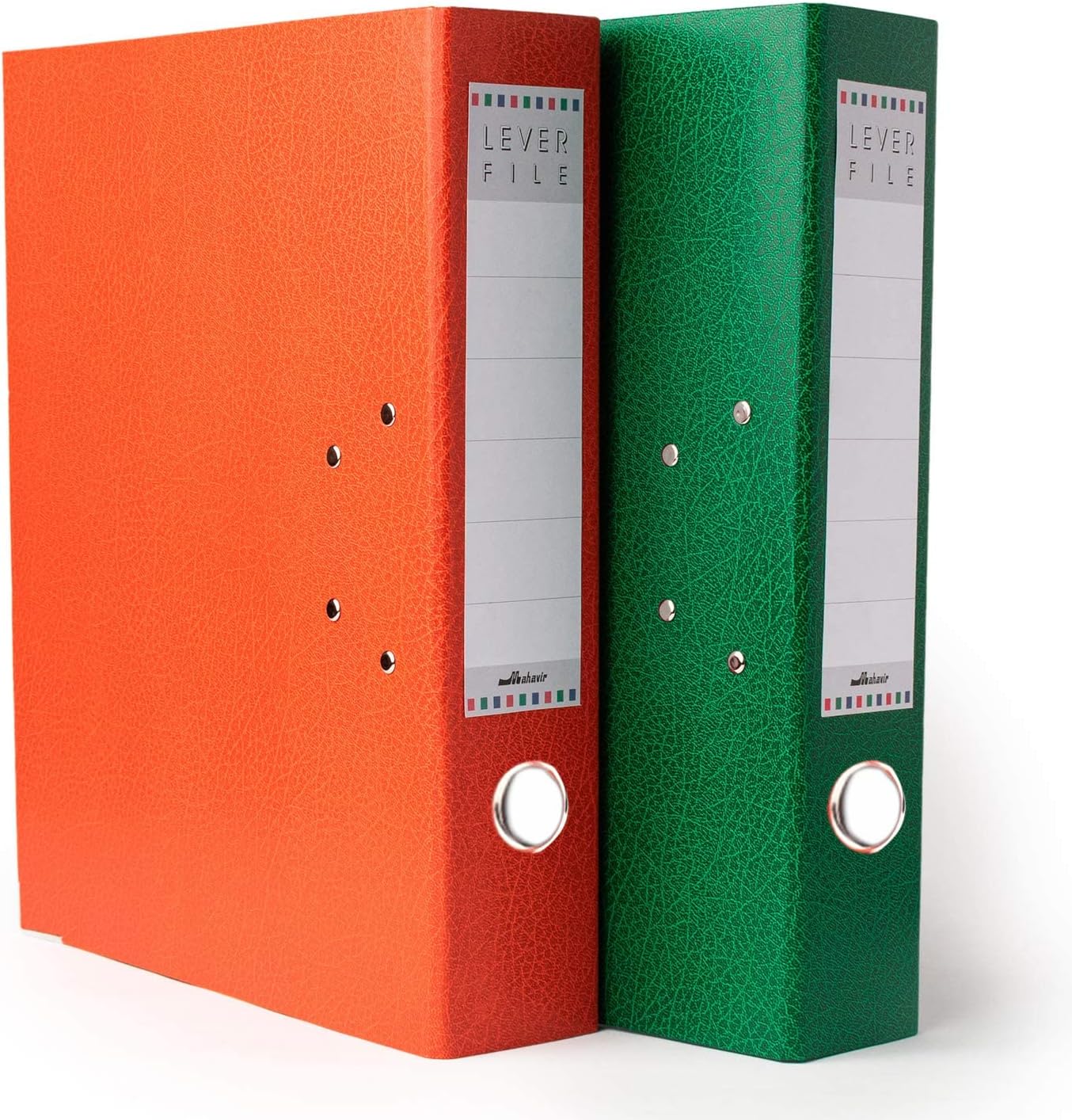 Combo of Orange + Green - A4 Large 2D Bright Colour Lever Arch Files 75mm Document Filing Folders Foolscap Vinyl Coated and Rado Lock Nickel Plated Clip Office Cobra Pattern File with Metal Clip