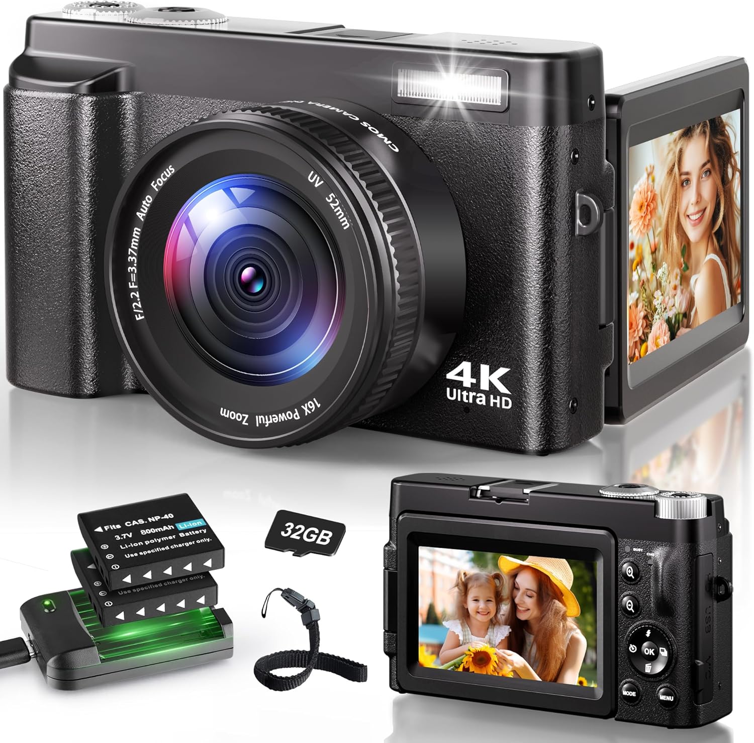 4K Digital Camera for Photography, 48MP Autofocus Vlogging Camera for YouTube with 3'' 180°Flip Screen, 16X Digital Zoom Anti-Shake with SD Card, 2 Batteries & Charging Stand