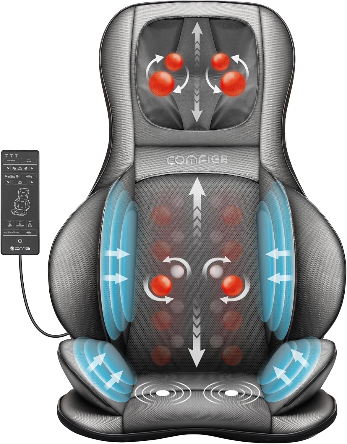 COMFIER Shiatsu Back Massager with Heat -Deep Tissue Kneading Massage Chair, Massage Chair for Full Back, Chair Massager for Home or Office Chair use (Dark Grey), Gifts for Women,Men