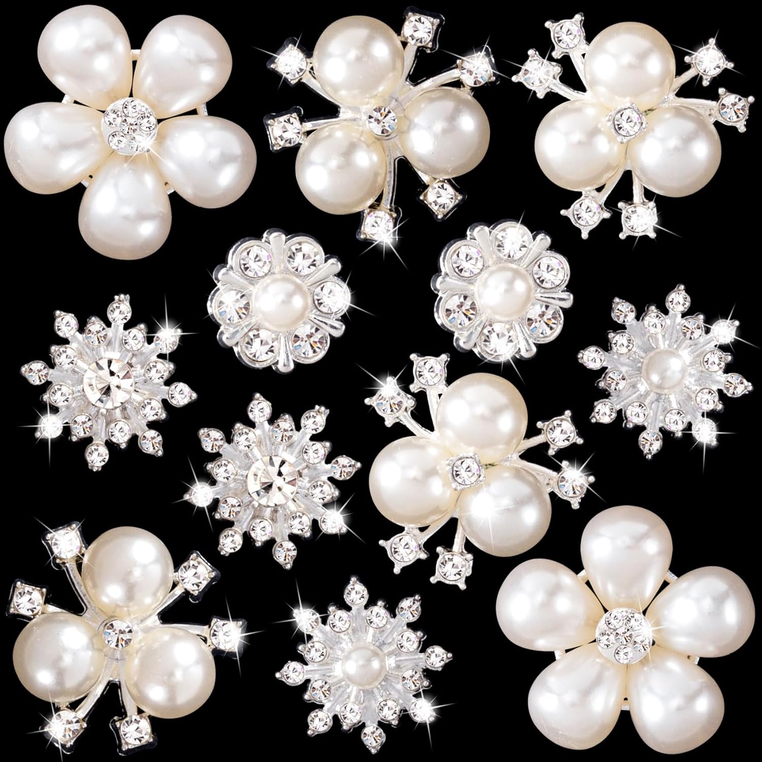 12 PCS Pearl Rhinestone Buttons Embellishments Silver Crystal Wedding Bouquet Brooches Flower Jewelry Charm for Women DIY Clothes Shoes Craft Decoration