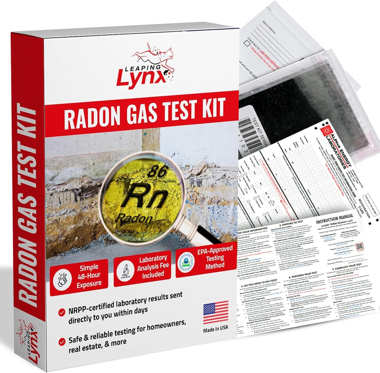 EPA-Approved Radon Test Kit for Home, Lab Fee Included - 48-Hour Short Term Radon Detector with Pro Lab Report in 3-5 Days - Just Expose Radon Tester, Apply Postage + Mail, & Get Radon Testing Results