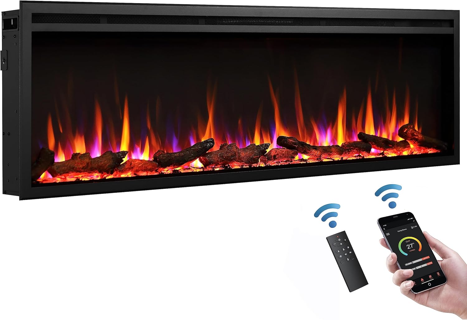 FLAMME 60"/152cm Castello Slim Frame Recessed Media Wall Inset Electric Fireplace with Multi Flame Colours 750W/1500W