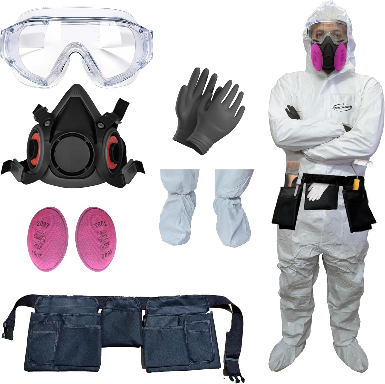 Hazmat Suit with Tools Belt and Respirator Mask Full Body Hazmat Suits Disposable with Goggles & Nitrile Gloves