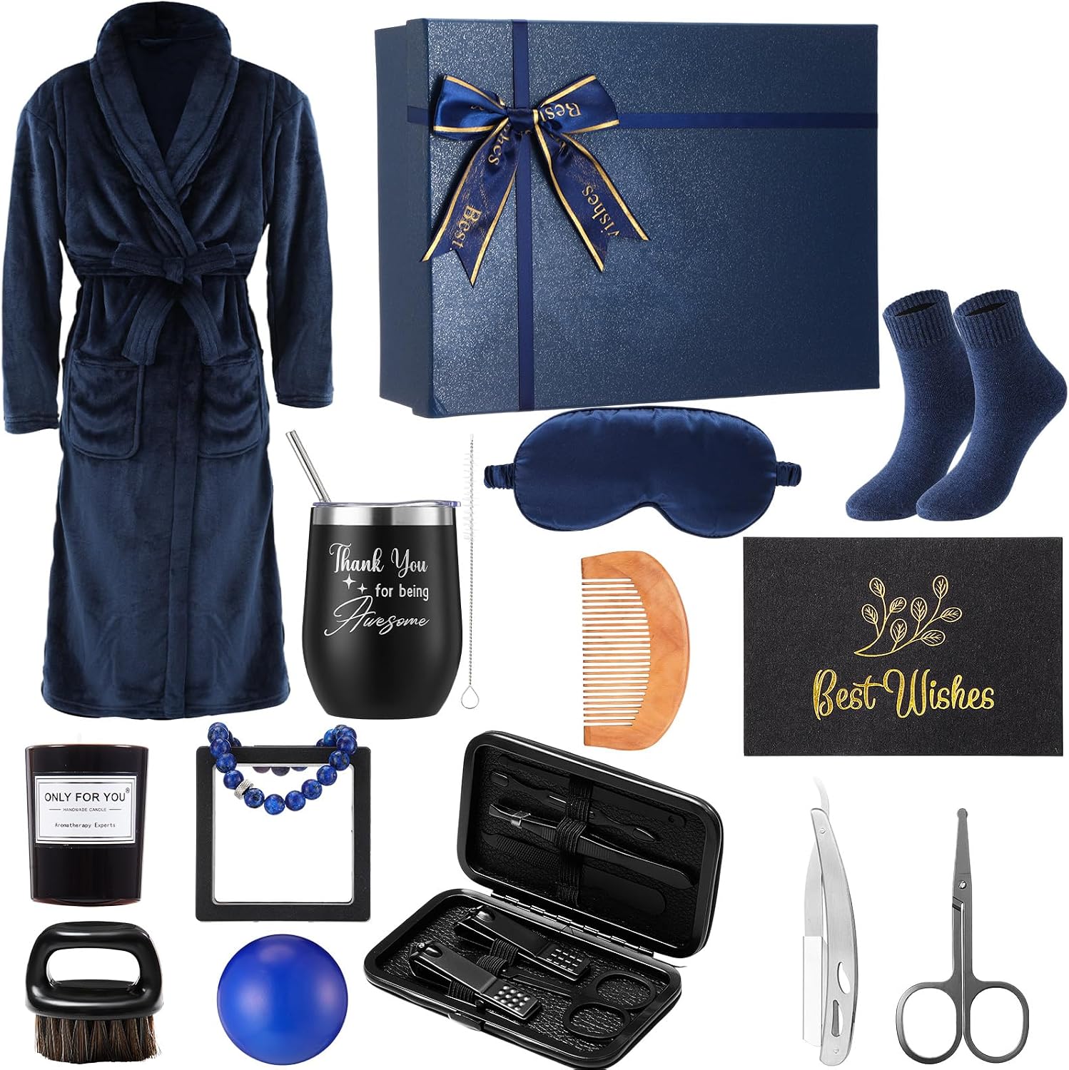 Nuogo 15 Pcs Birthday Gifts for Men Beard Care Set for Him Dad Birthday Gifts Basket Ideas Kit for Men Tumbler Bath Robe for Father's Day Dad Husband Boyfriend Box(Unhooded,Navy)