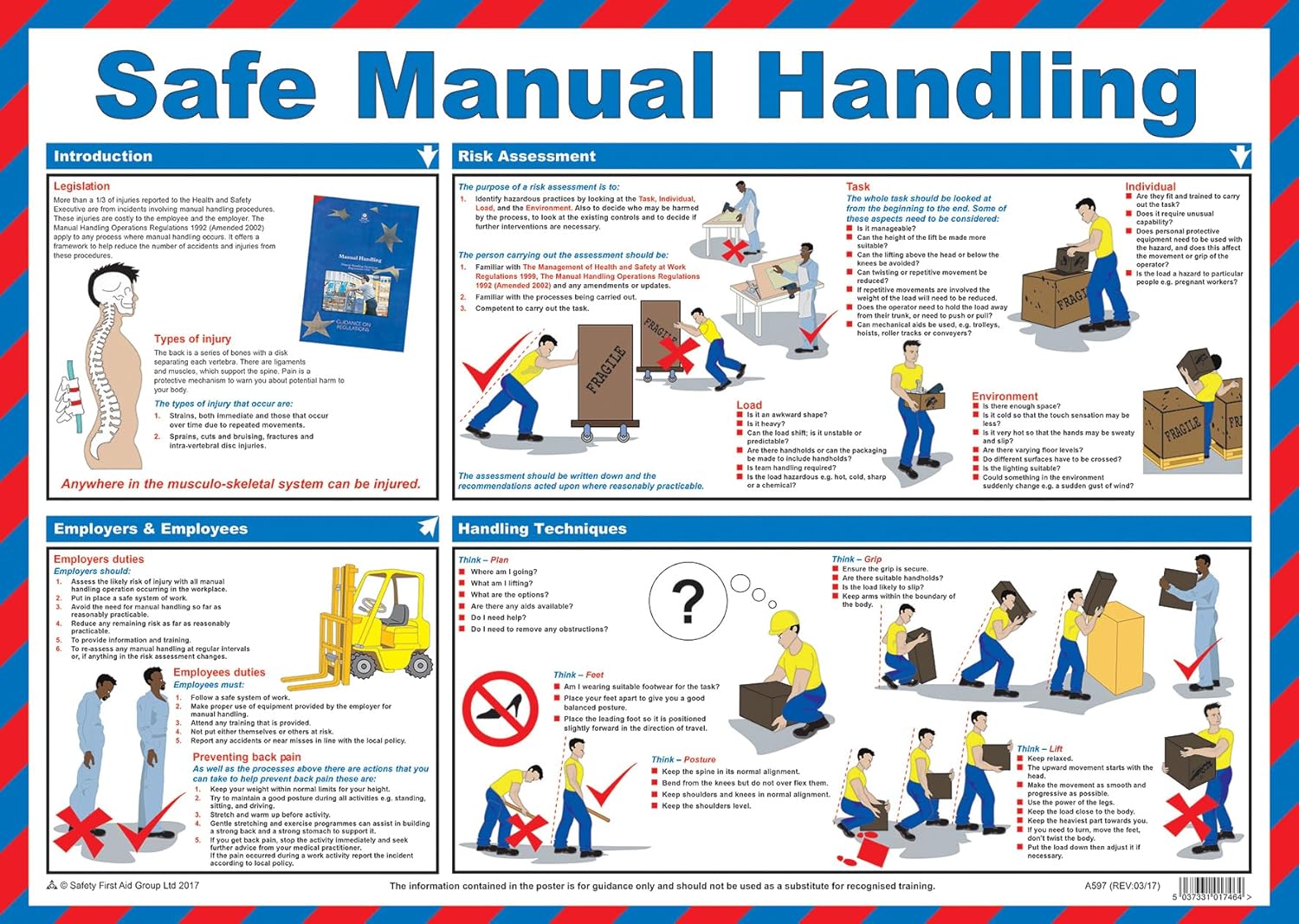 Safety First Aid Group Safe Manual Handling Poster - Laminated (A2)
