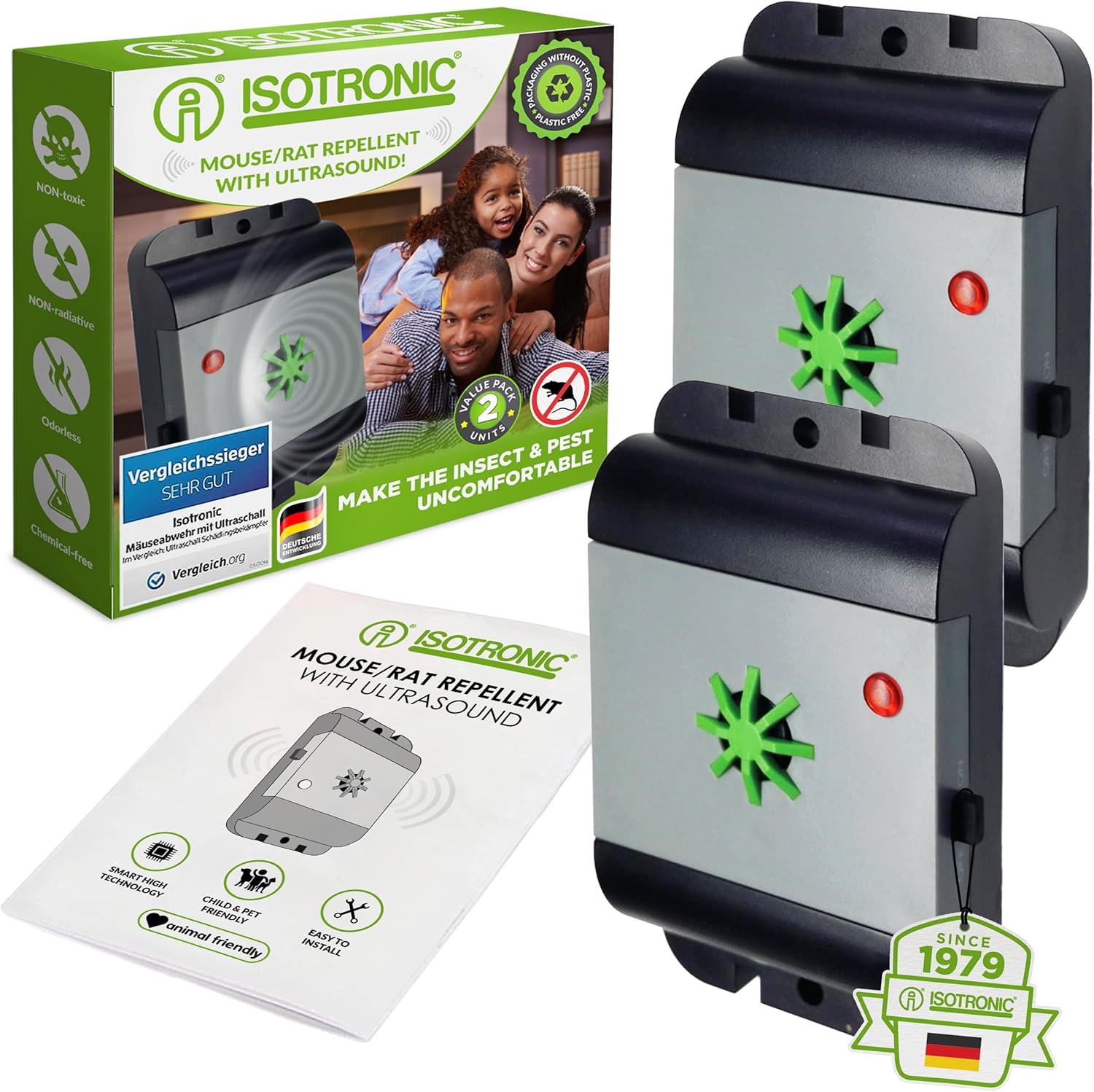 ISOTRONIC Mouse Repellent/Rat Repellent with Ultrasound, Test Winner Electronic Pest Repeller for Home, Basement, Garden, Mice and Rats Repel Without Chemicals and Mouse Trap, 2 pieces