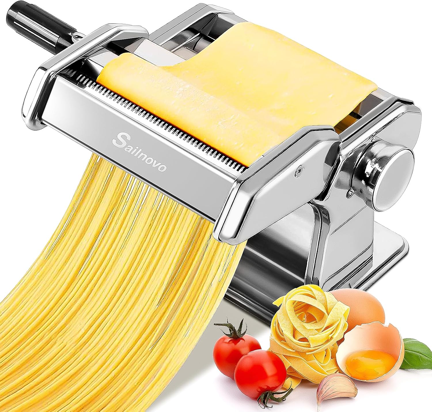 Sailnovo 3-in-1 Pasta Maker with 9-Setting Pasta Roller & Cutters, Silver