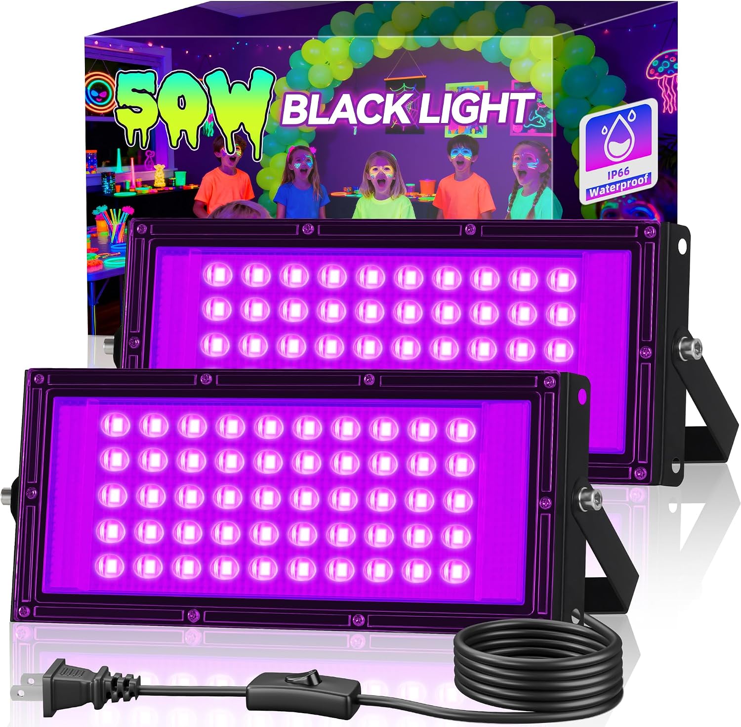 2 Pack 50W LED Black Light, Waterproof Blacklight for Glow Party, Halloween
